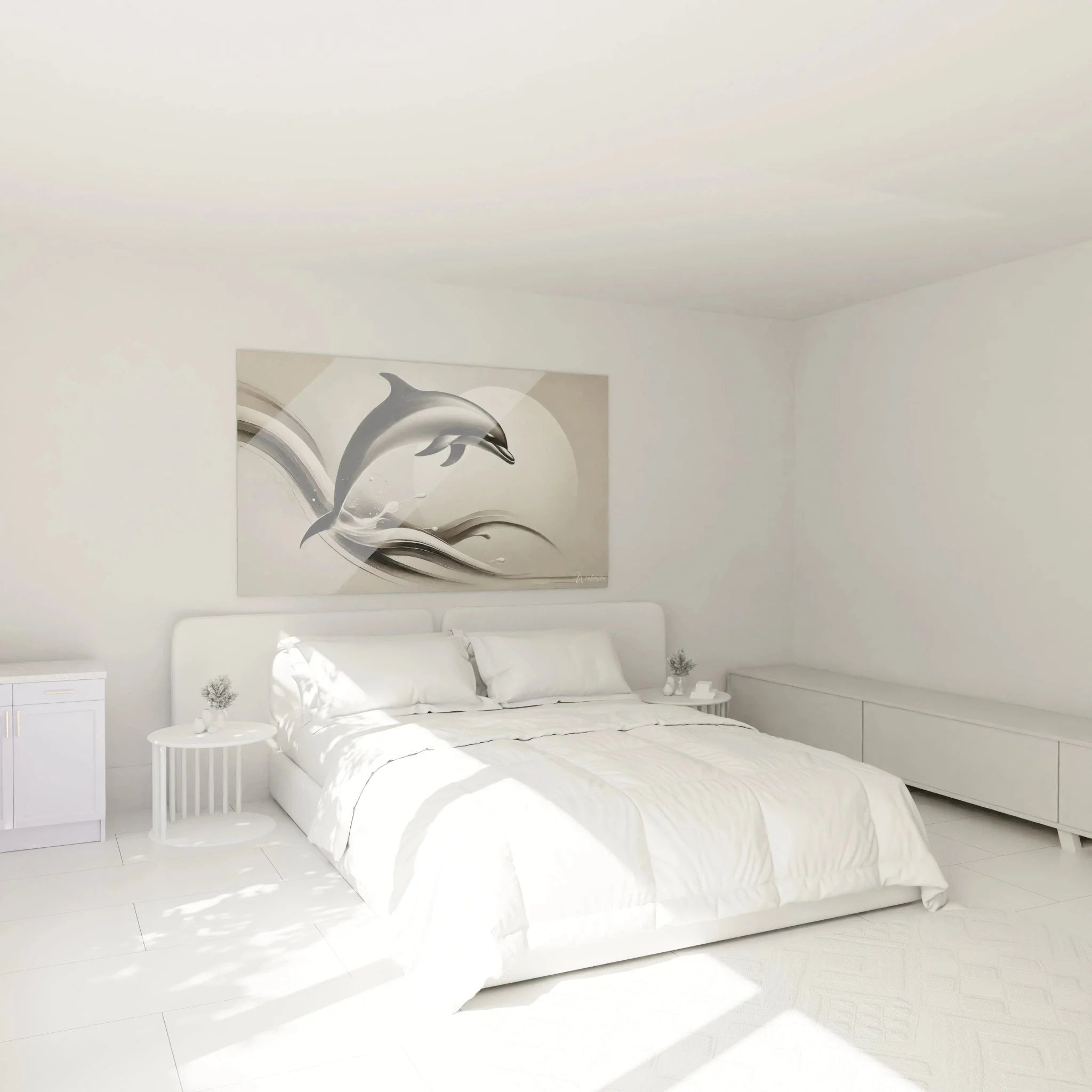 Delfin Wandbild in Grautönen als moderne Schlafzimmer Dekoration mit springendem Meeressäuger