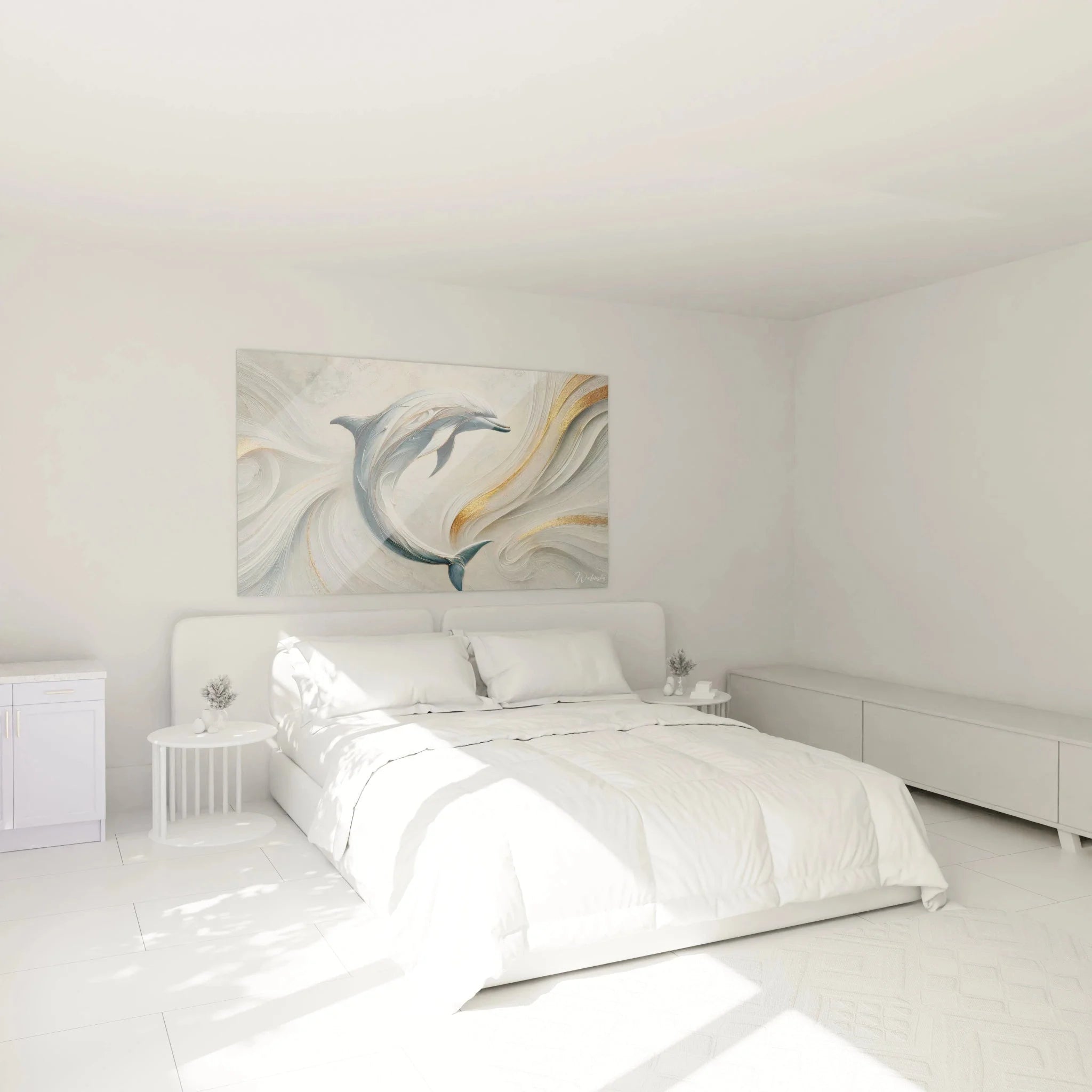 Delfin Wandbild über Bett platziert, elegante maritime Wanddeko im Schlafzimmer