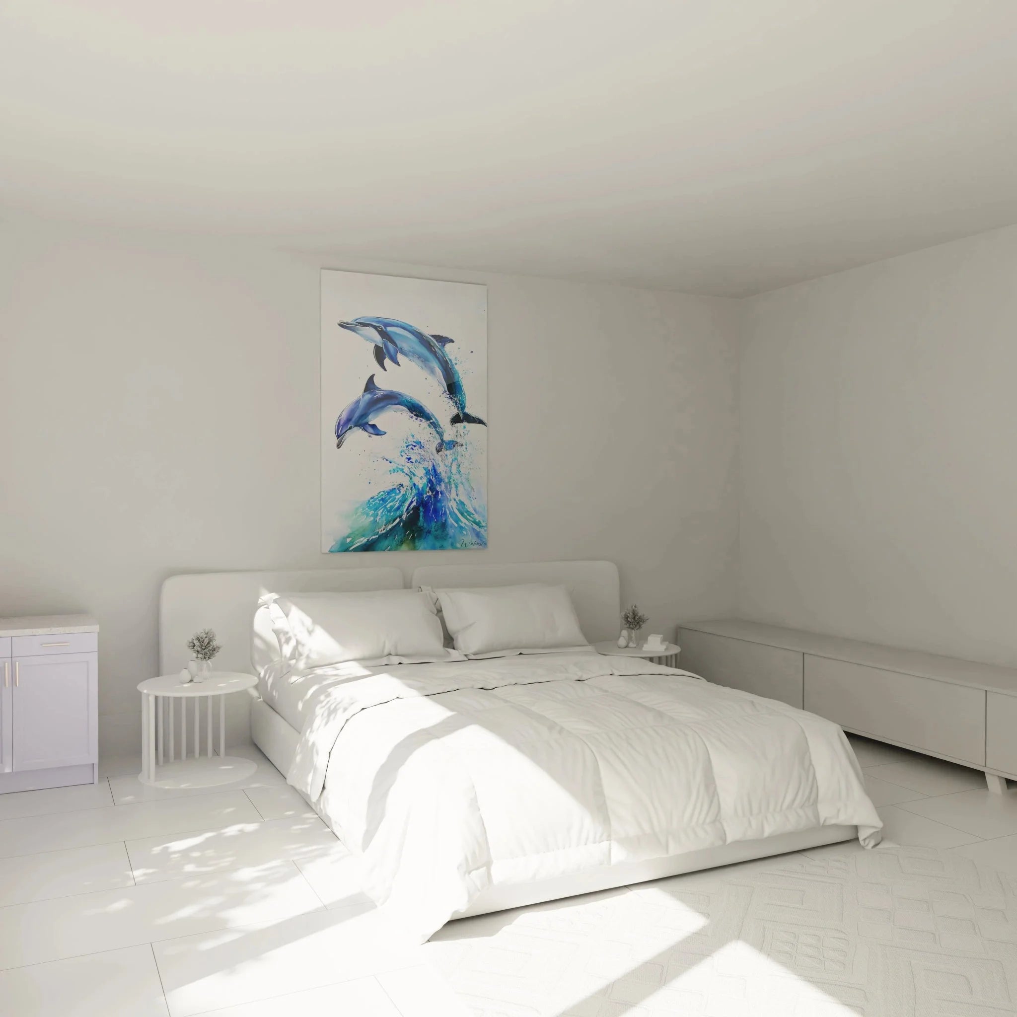 Delfin Wandbild XXL in Schlafzimmer Ambiente - Aquarell Meerestiere Wandkunst in Blautönen