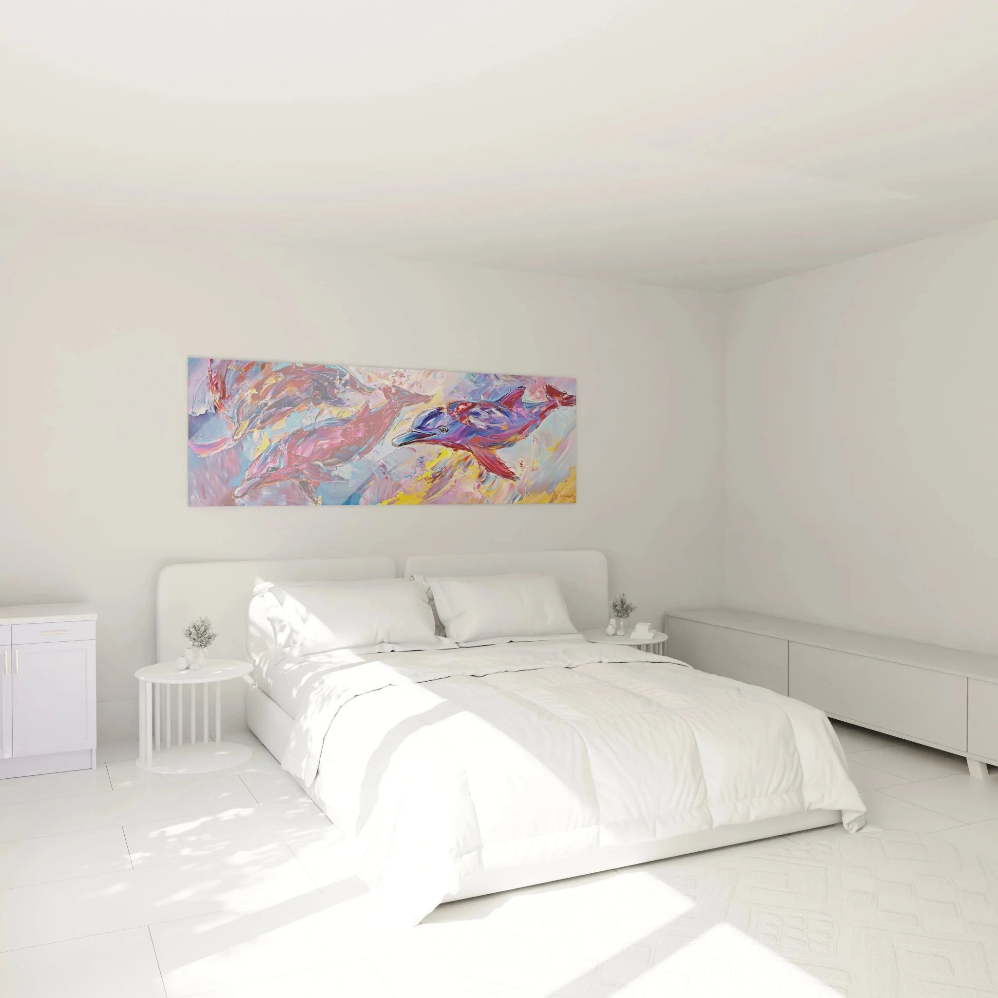 Delfin Wandbild XXL abstrakt in modernem Schlafzimmer, bunte Meerestier Kunst als Wanddekoration
