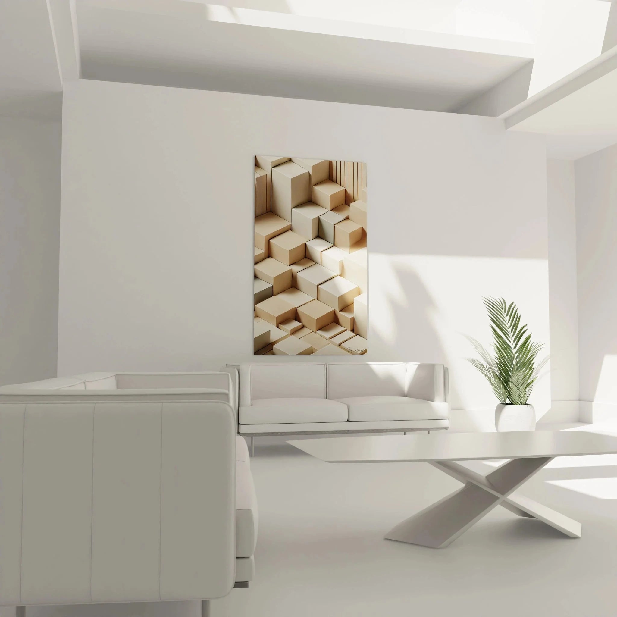 Detailansicht 3D Würfel Wandbild - Kubische Strukturen in Beigetönen mit plastischem Effekt