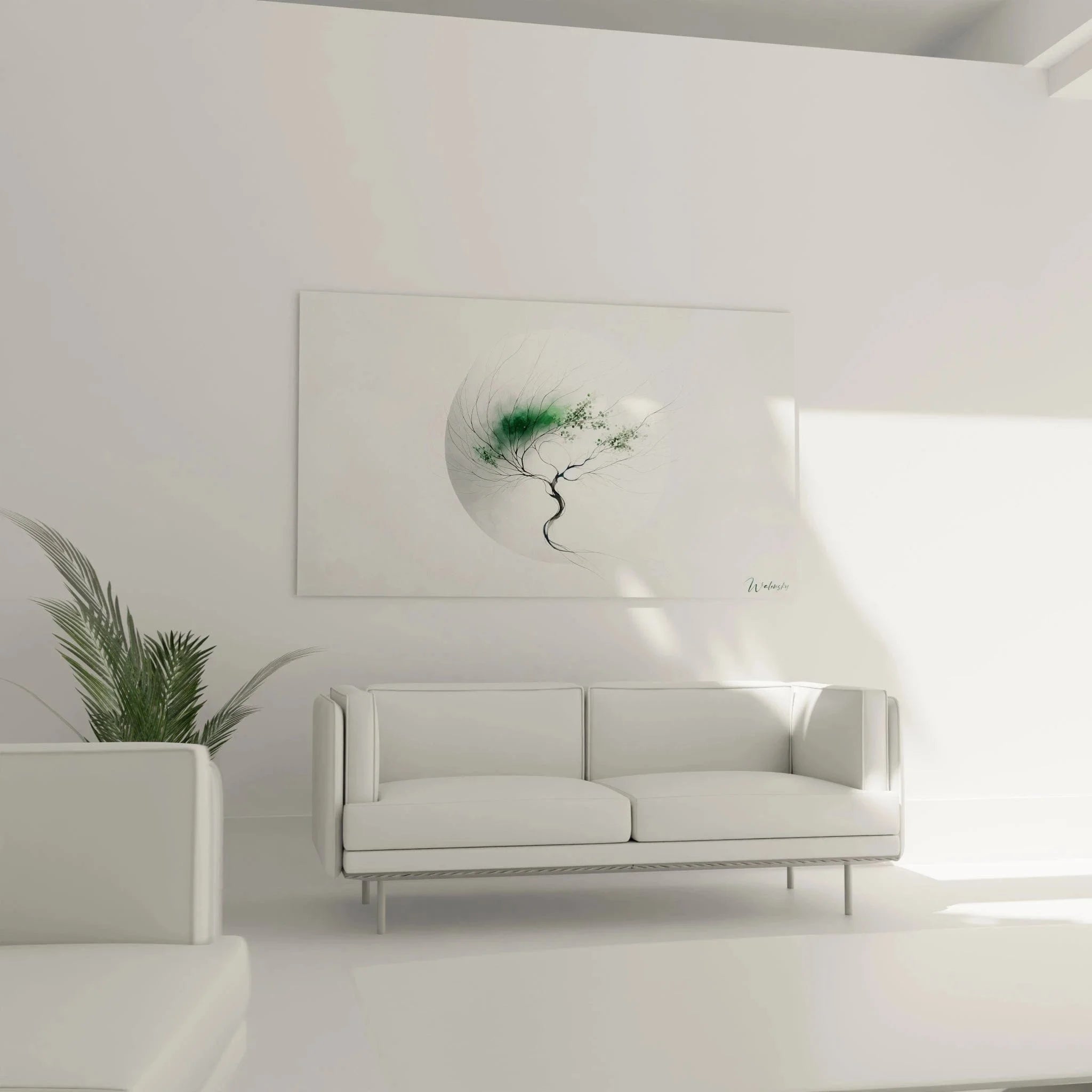 Detailansicht abstrakte Baum Wandkunst mit fließenden grünen Ästen und minimalistischem Design