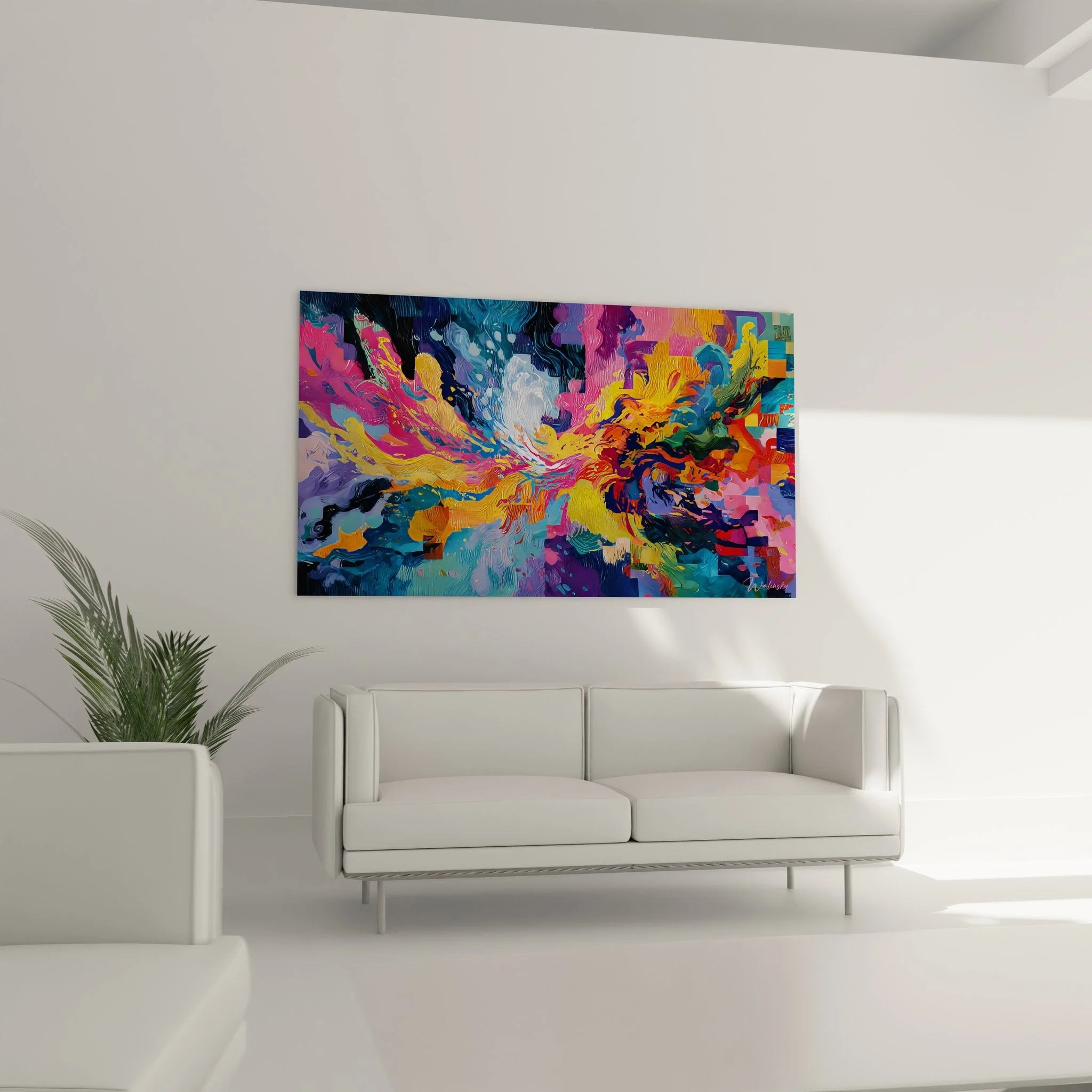 Detailaufnahme der abstrakten Farbexplosion mit sichtbaren Pinselstrichen und Farbübergängen in Malerei-Optik