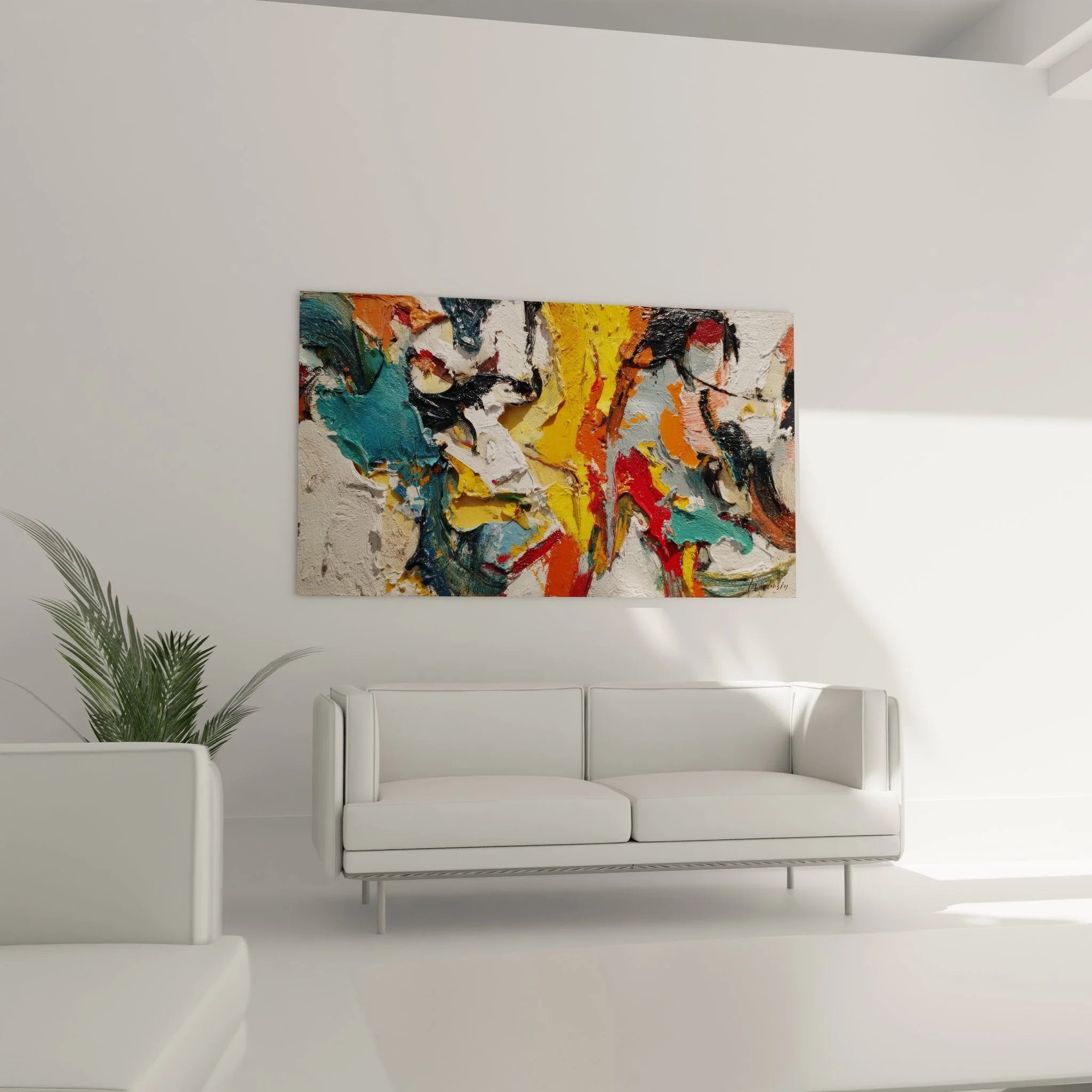 Detailansicht des abstrakten Wandbildes mit dicken Farbschichten und expressiven Pinselstrichen