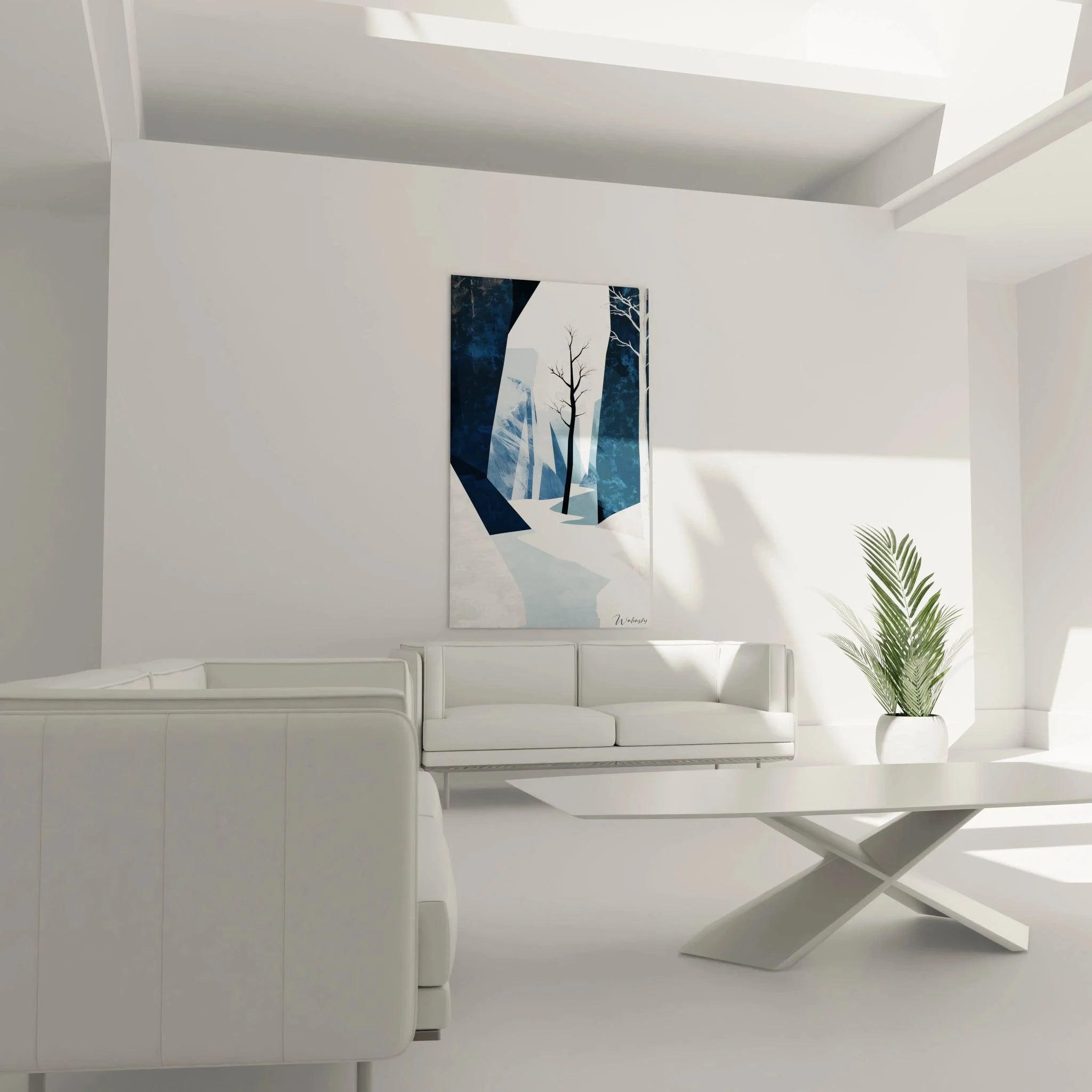 Detailansicht des abstrakten Wandbildes mit kristallinen Strukturen in Blautönen