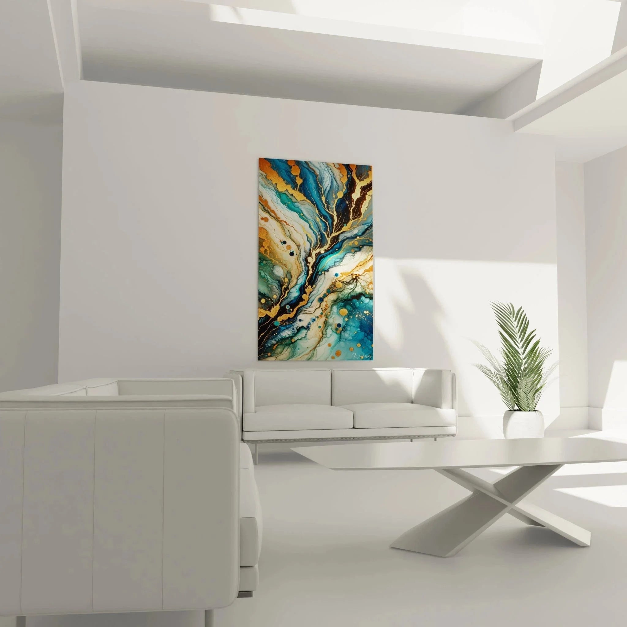 Detailansicht abstrakte Fließformen Wandbild, goldene Akzente und blaue Strukturen in Nahaufnahme