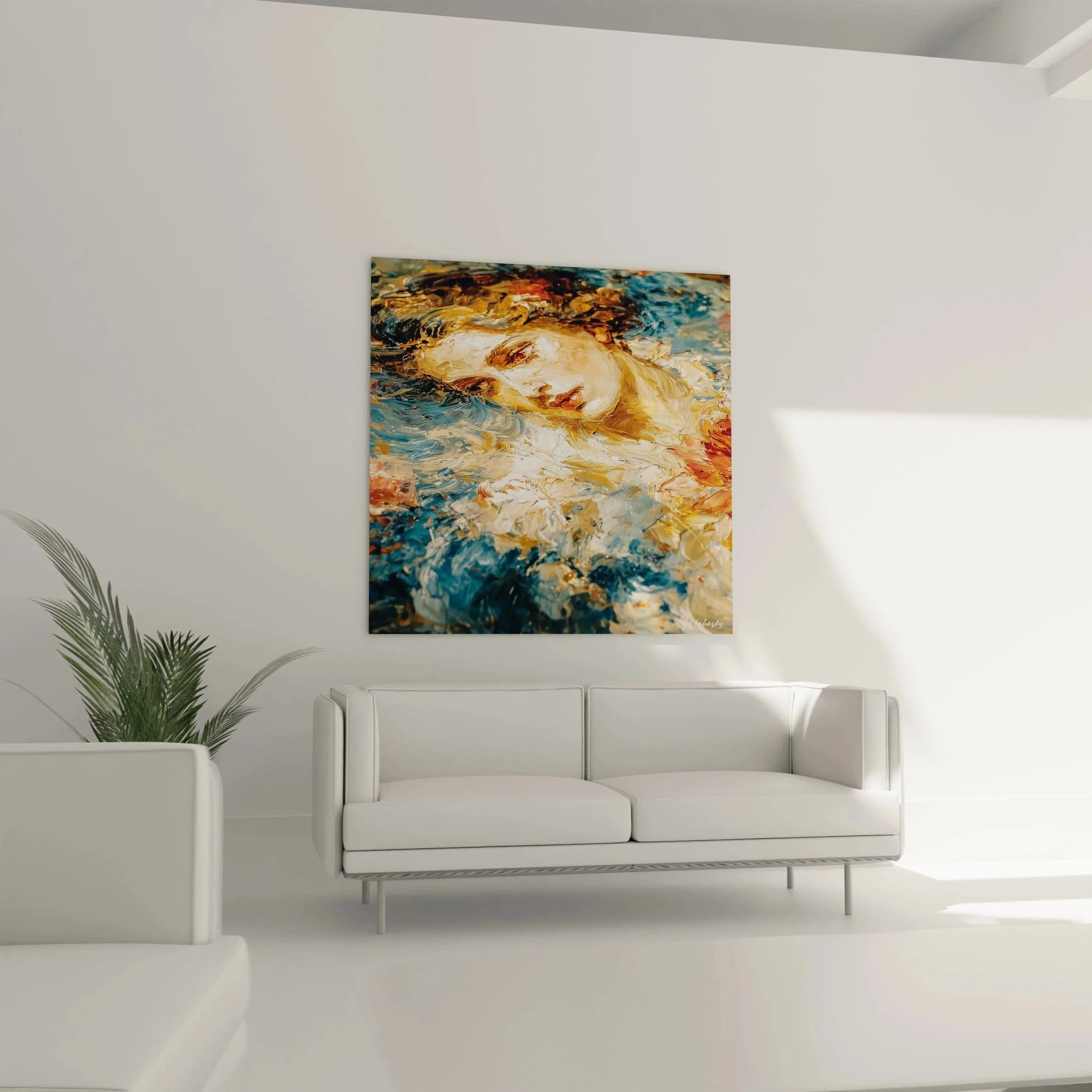 Detailansicht abstrakte Malerei Wandbild Oberflächenstruktur Gold Blau Pinselstriche