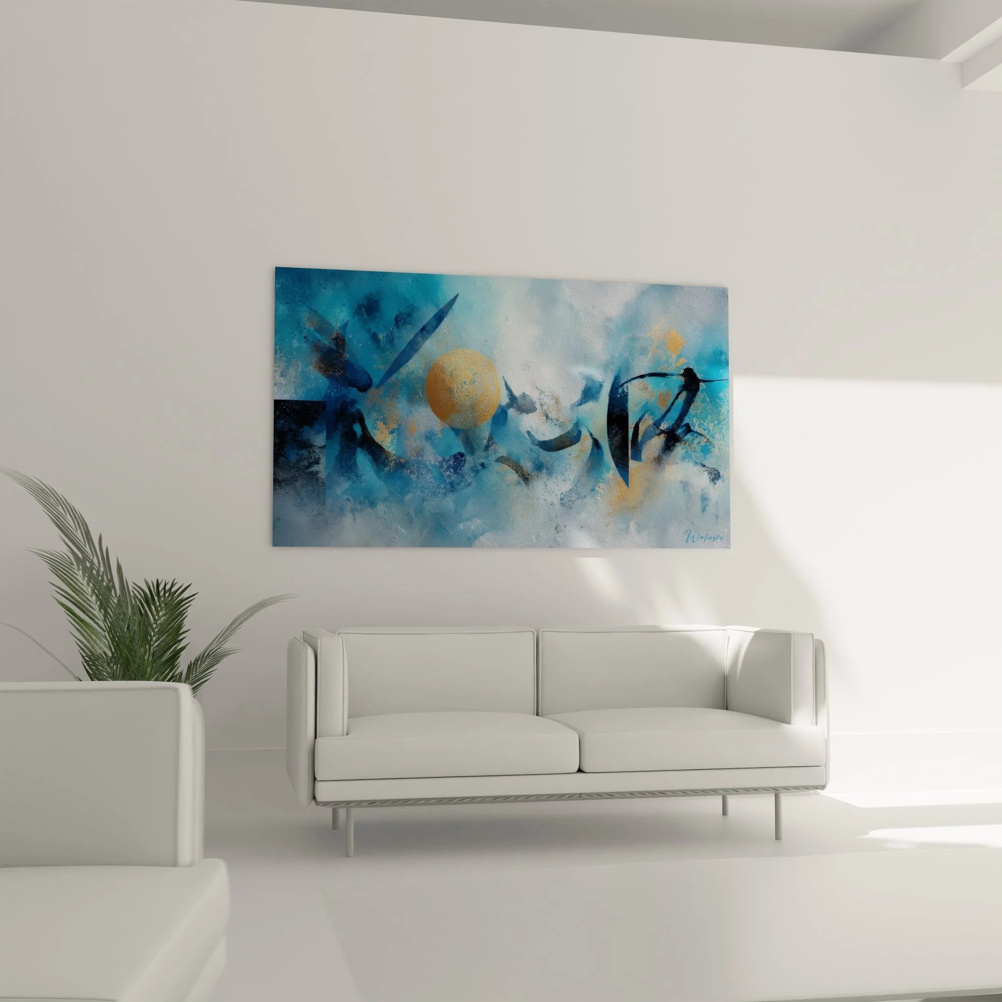 Detailansicht der abstrakten Meereslandschaft mit goldenen Akzenten und blauen Farbverläufen im Nahaufnahme