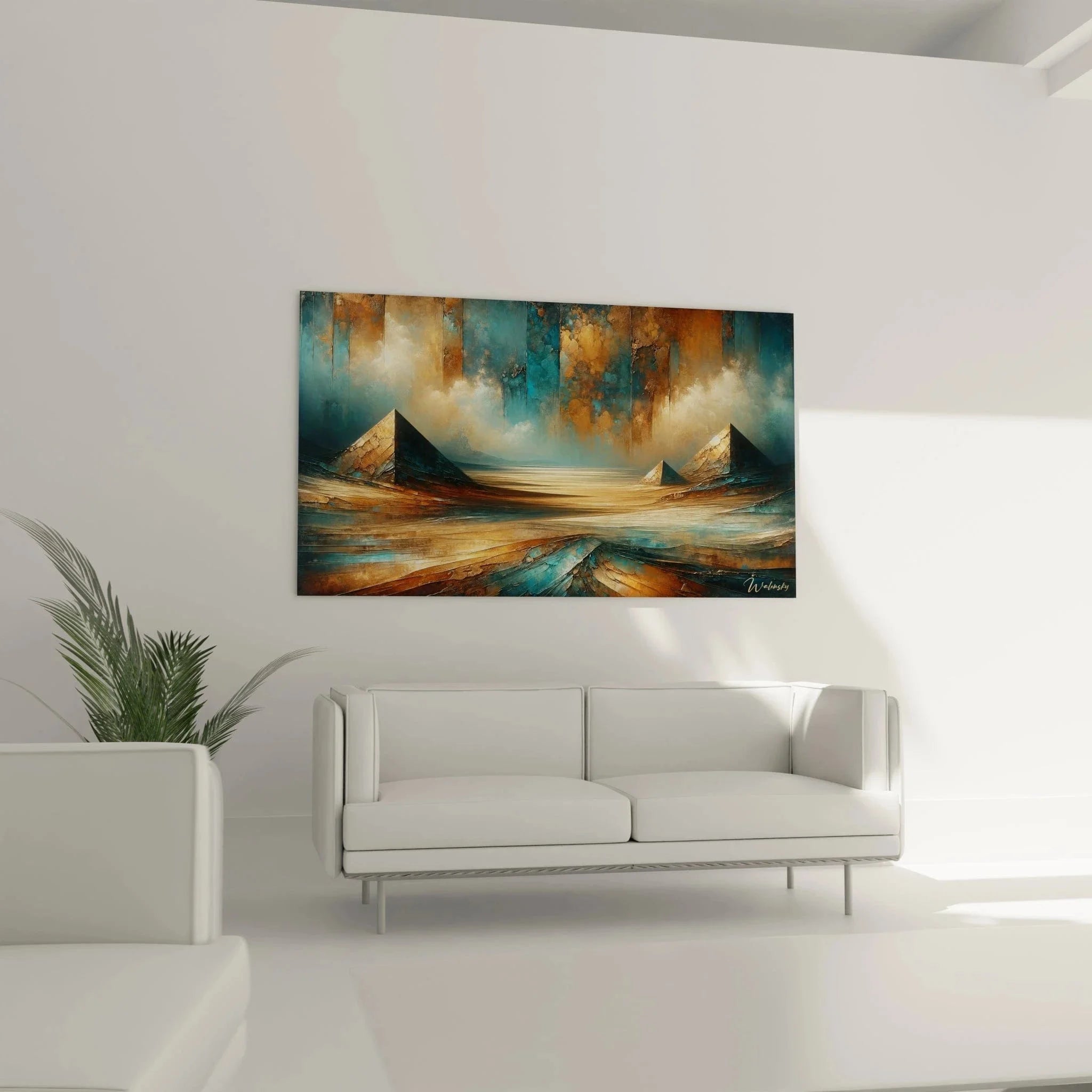 Detailansicht der abstrakten Pyramiden Wandkunst mit geometrischen Strukturen