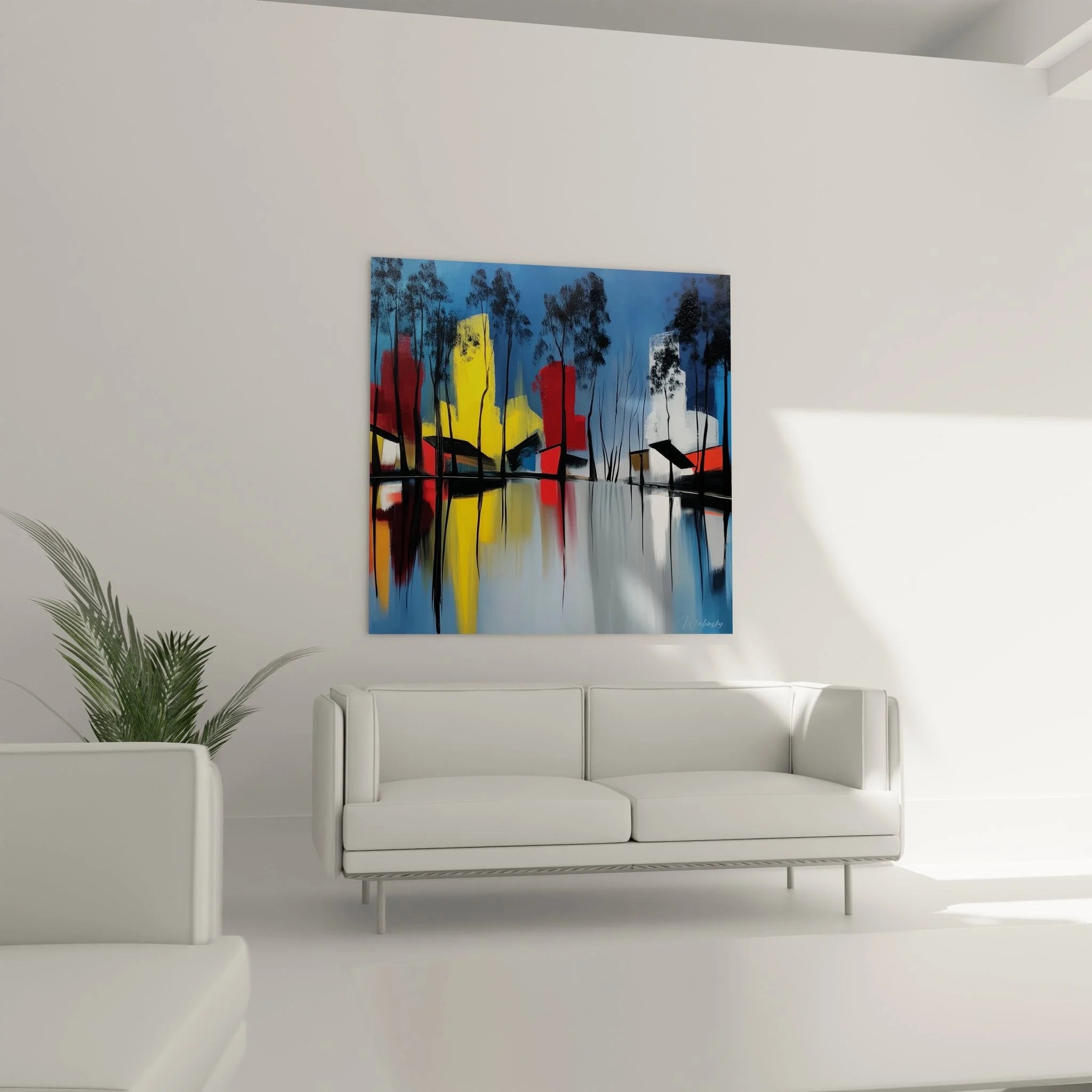 Detailansicht abstrakte Seelandschaft mit leuchtenden Farbreflexionen auf Leinwand