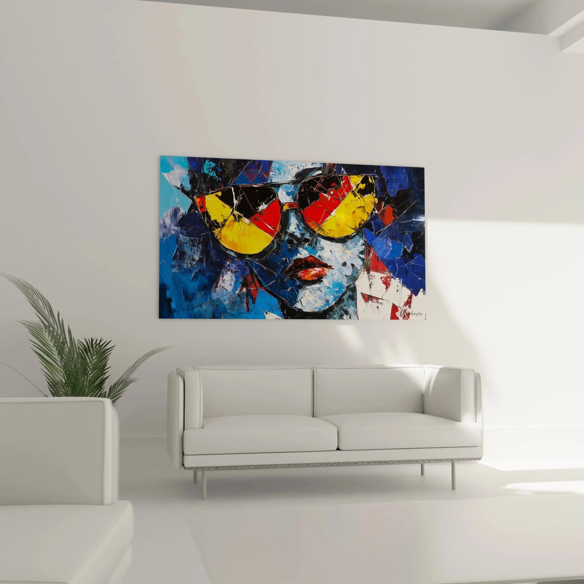 Detailansicht abstrakte Sonnenbrille Malerei mit gelben Gläsern und expressiven Pinselstrichen