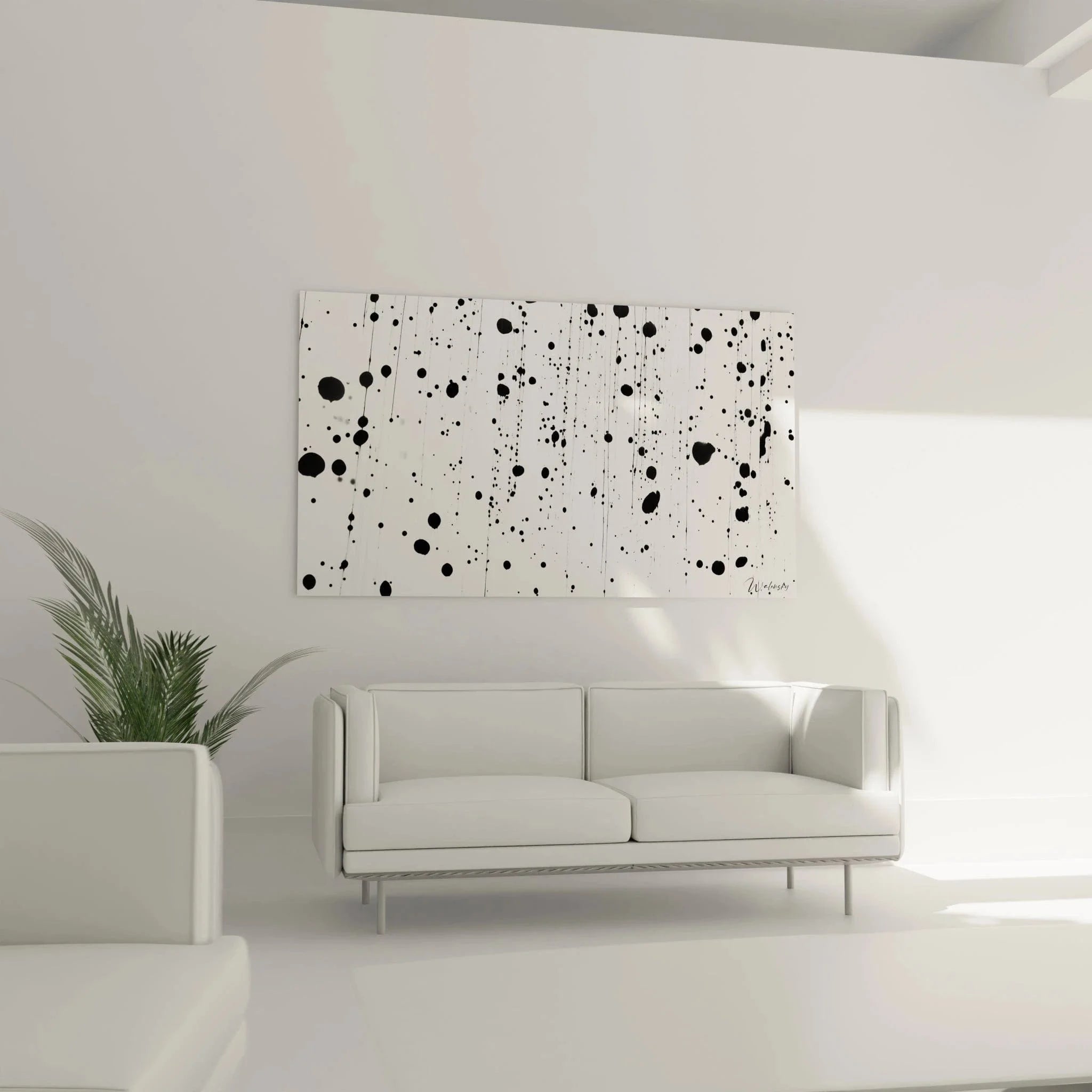 Detailansicht abstrakte Tintenkunst Wandbild mit schwarzen Tropfen und Spritzern auf weißem Grund