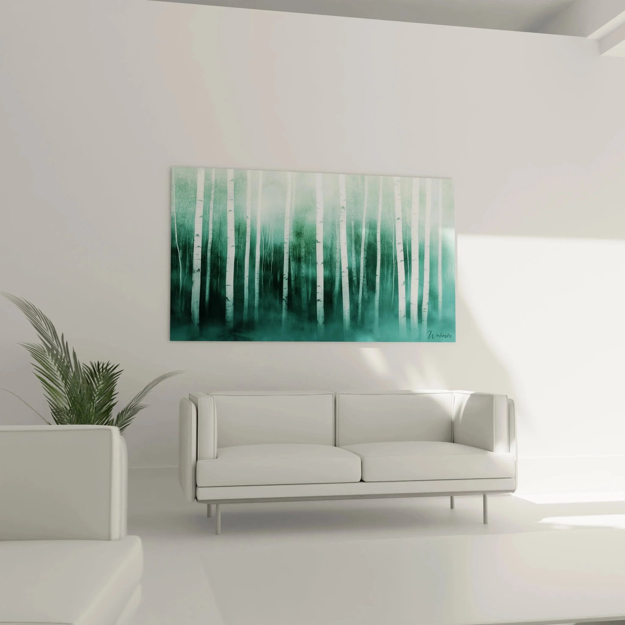 Detailansicht Wandbild Birkenwald, verschwommene Baumstämme in türkis-grüner Nebelatmosphäre