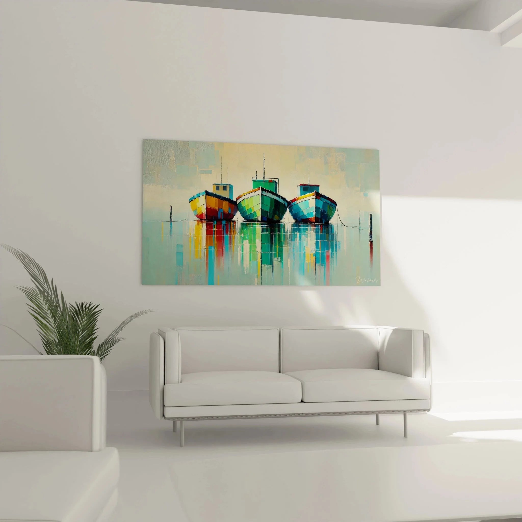 Detailansicht bunter Fischerboote Wandbild maritime Farben Spiegelung Wasser