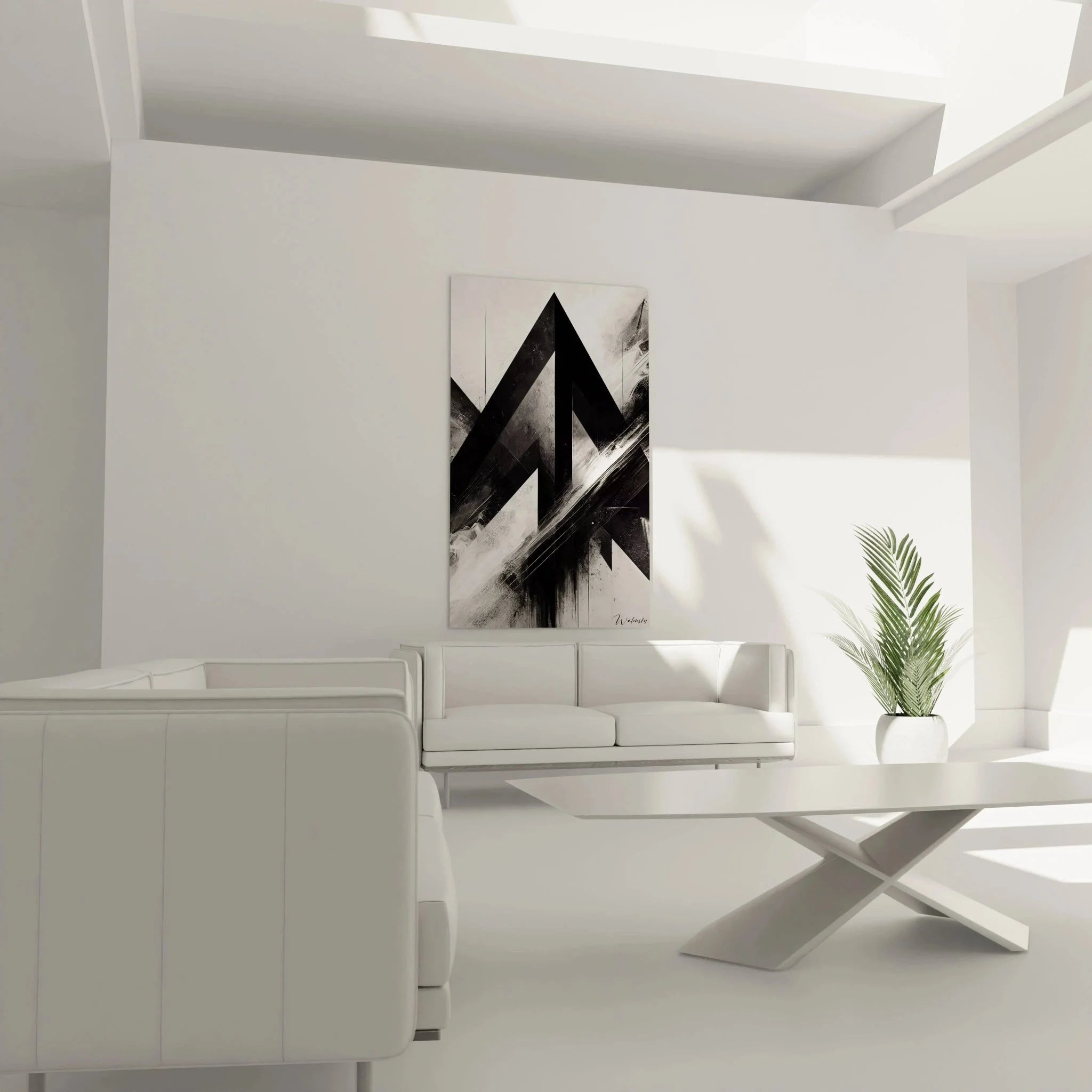 Detailansicht der geometrischen Dreiecksstrukturen im abstrakten schwarz-weißen Wandbild