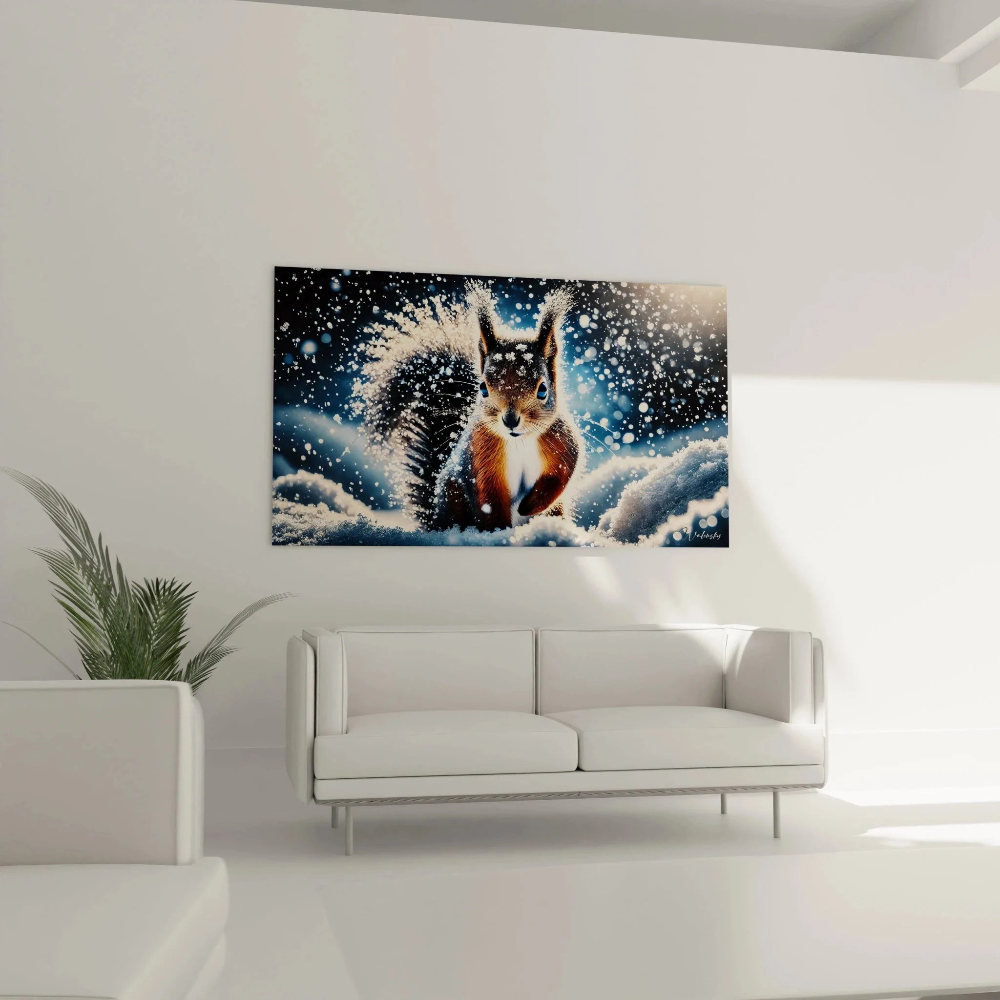 Detailansicht des Eichhörnchen Wandbildes mit erkennbaren Schneepartikeln und Fellstrukturen