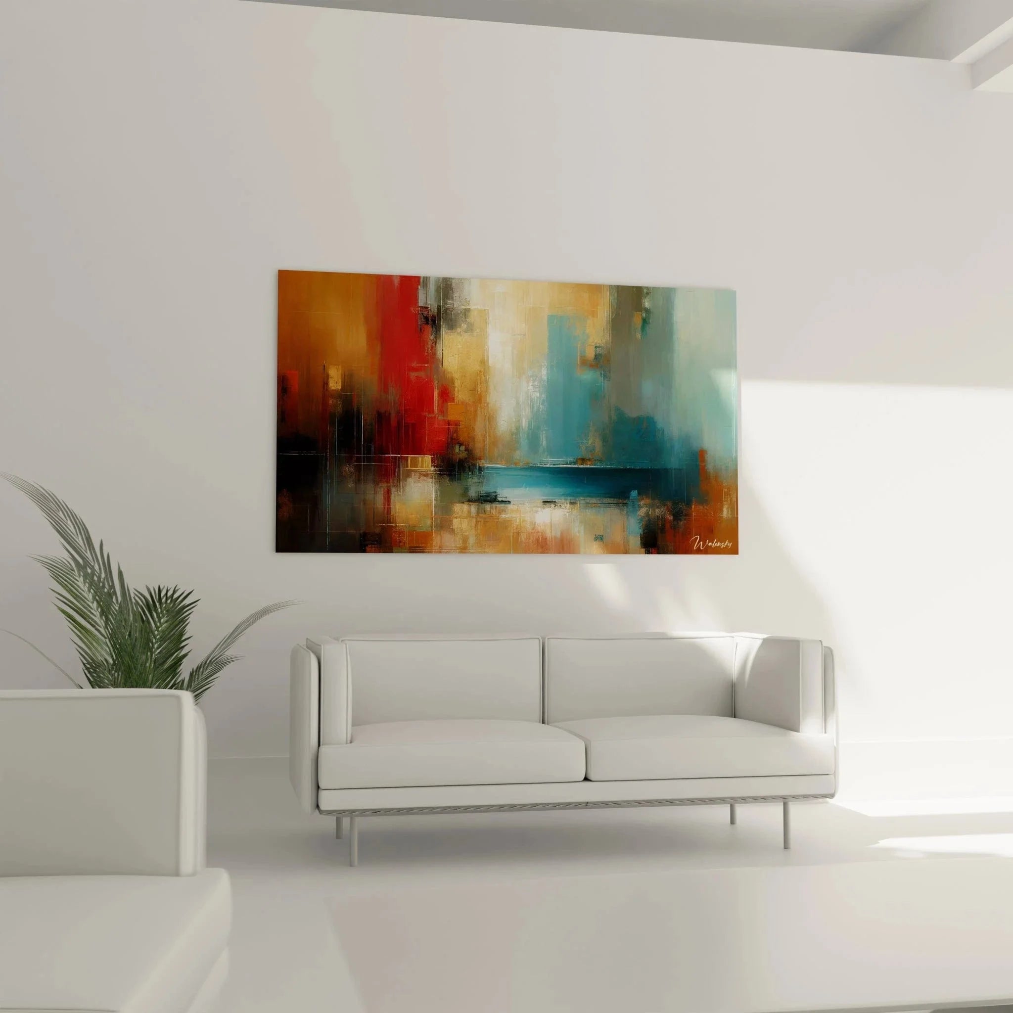 Detailansicht expressionistische Maltechnik mit geometrischen Formen und transparenten Farbschichten