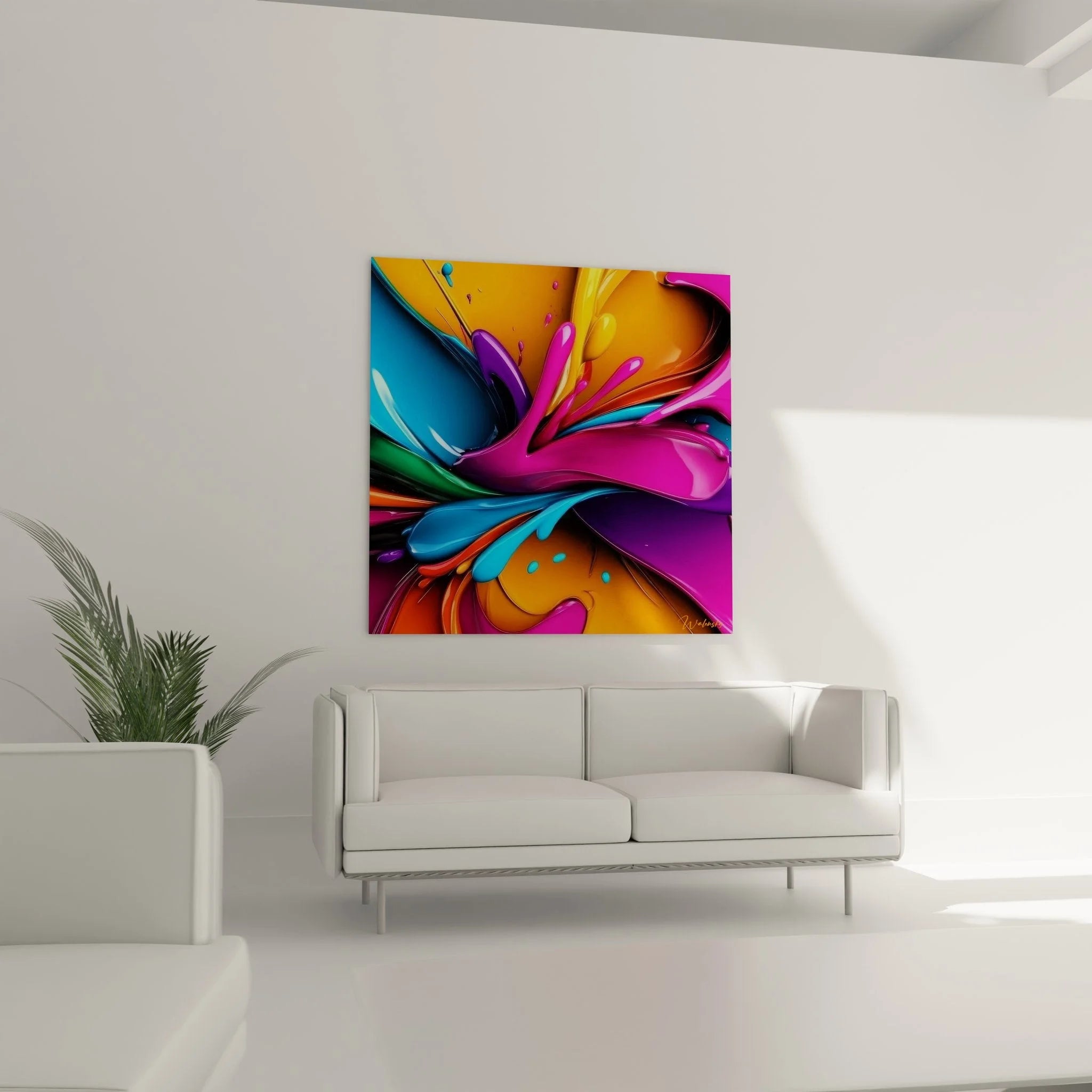 Detailansicht Wandbild Farbexplosion mit glänzenden 3D Effekten und Tropfen in Malerei-Optik