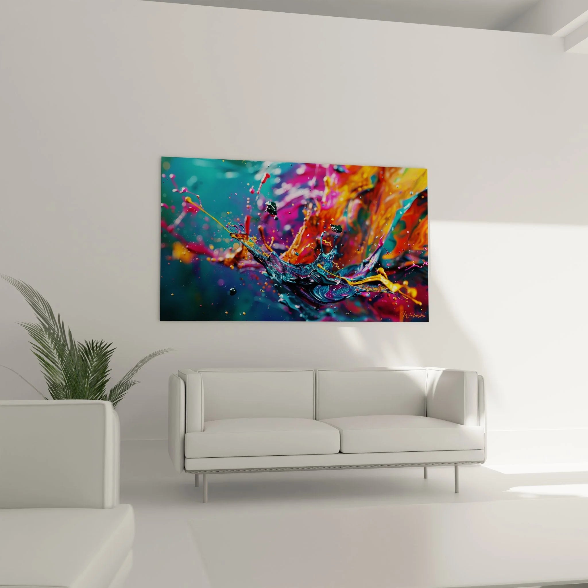 Detailansicht der Farbspritzer und Tropfeneffekte im Wandbild Farbexplosion - realistische Malerei-Optik