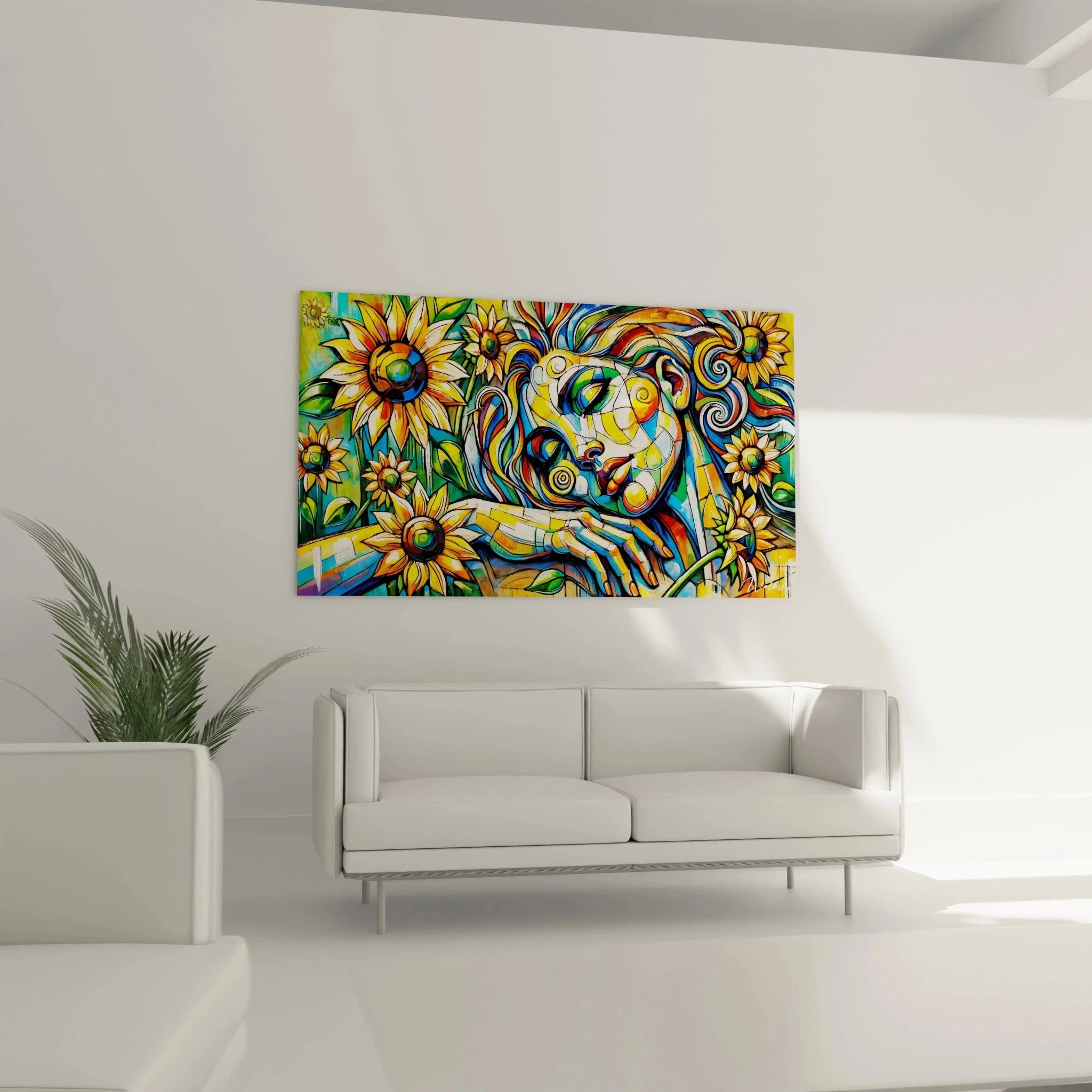 Detailansicht fauvistische Sonnenblumen Wandkunst mit intensiven Gelb-Orange-Tönen und spiralförmigen Motiven