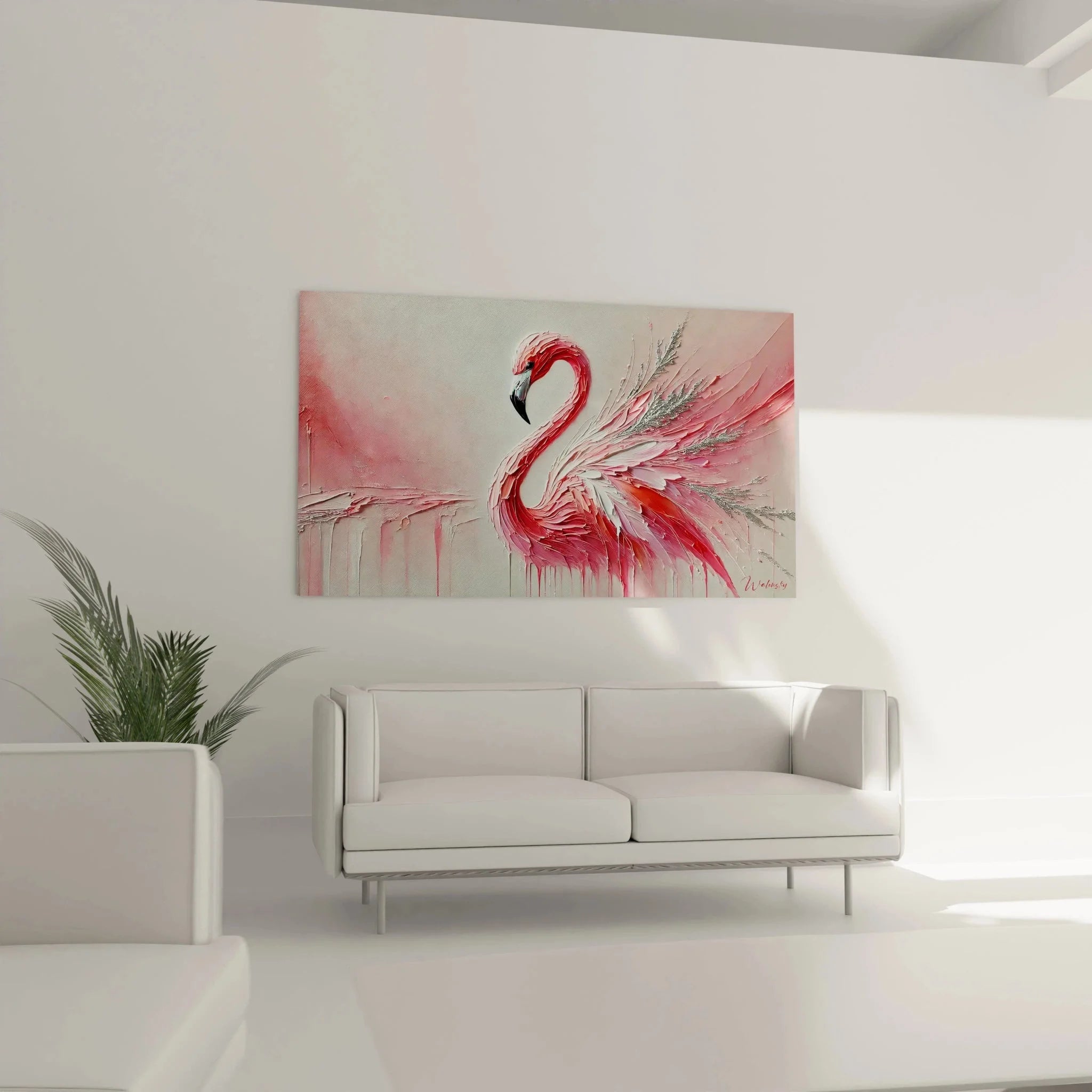 Detailansicht abstraktes Flamingo Wandbild - rosa Farbtextur mit silbernen Akzenten