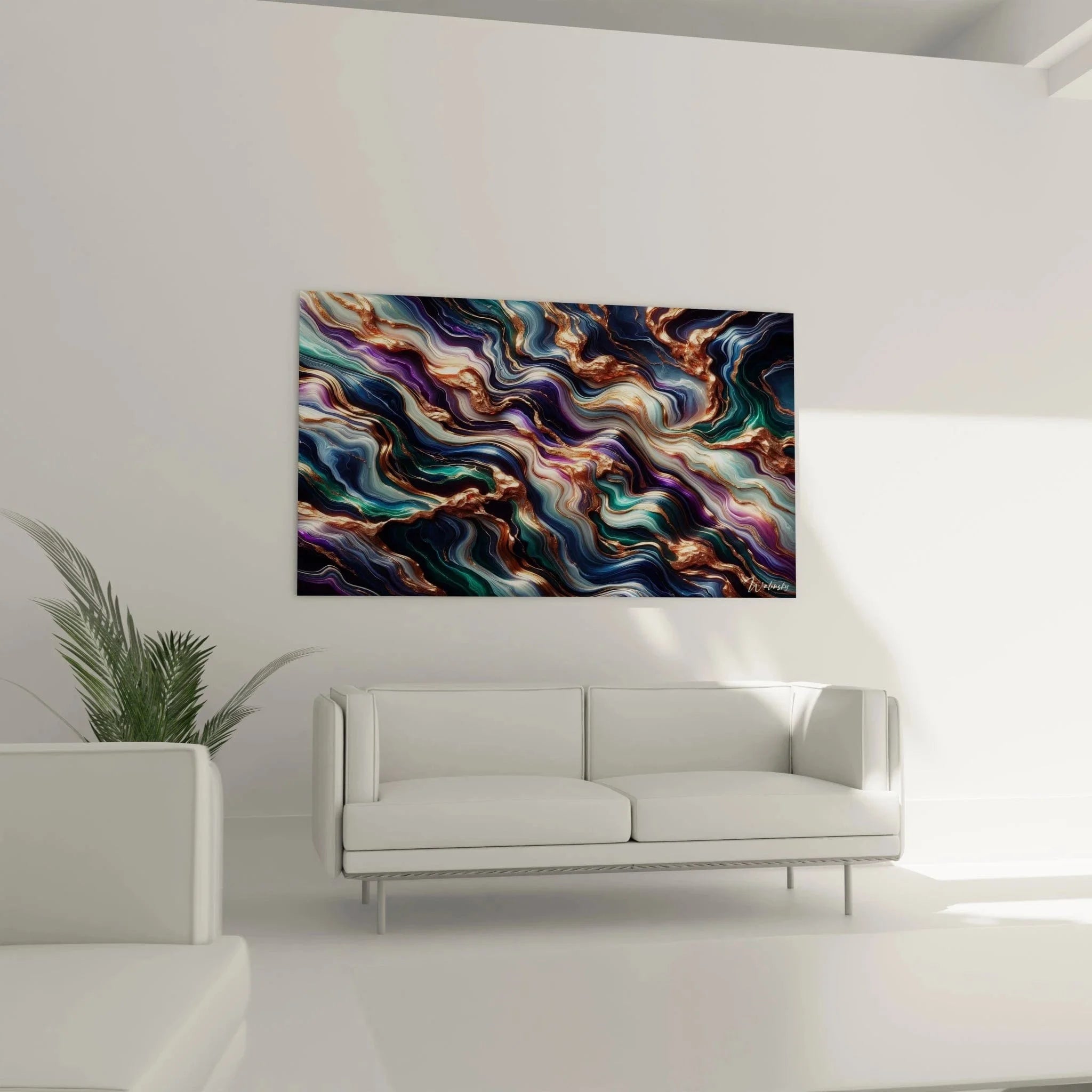 Detailansicht der fluiden Marmormuster mit metallischen Reflexionen und Farbverläufen