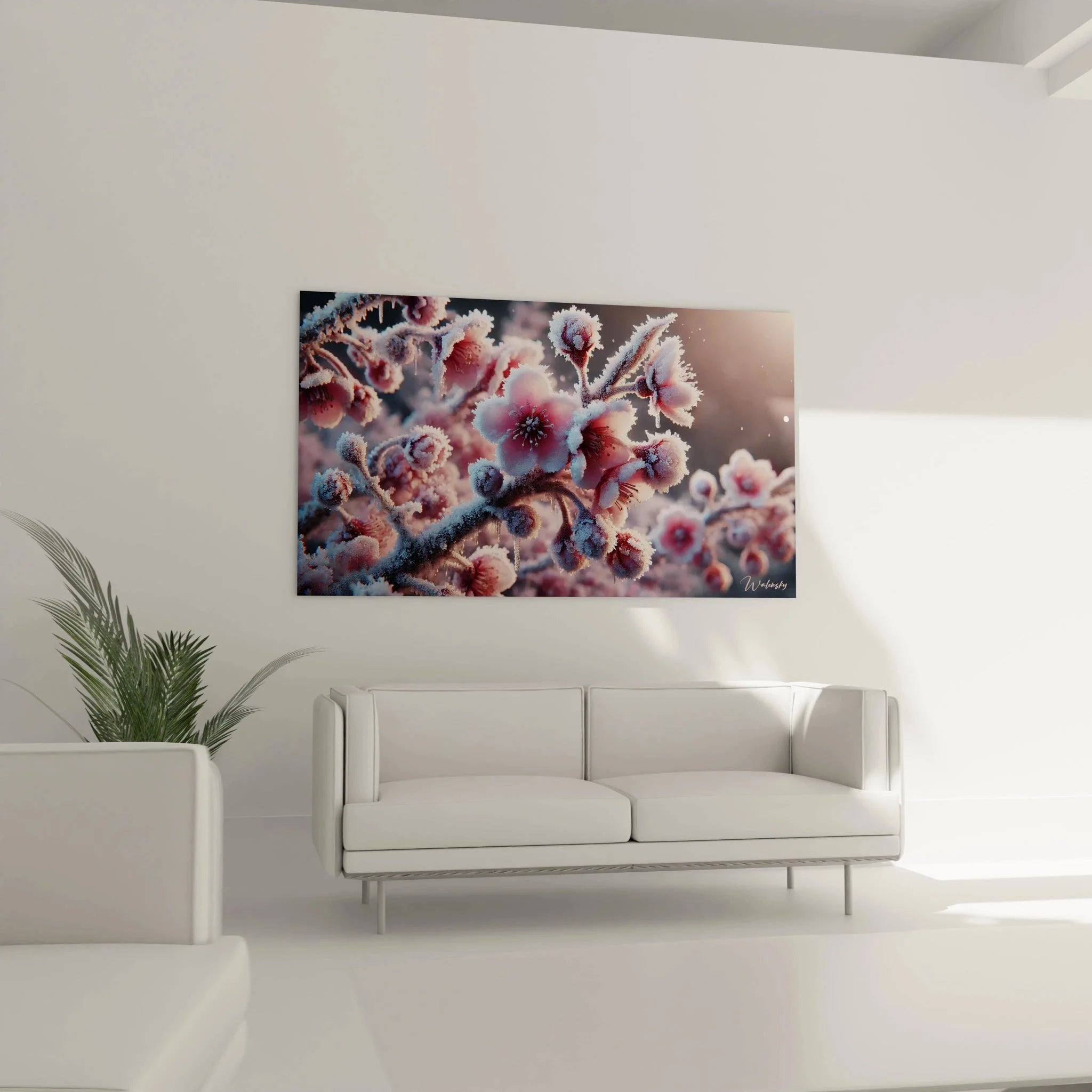 Detailaufnahme Frostblüten Wandbild - filigrane Eiskristalle und Raureif auf Blütenzweigen