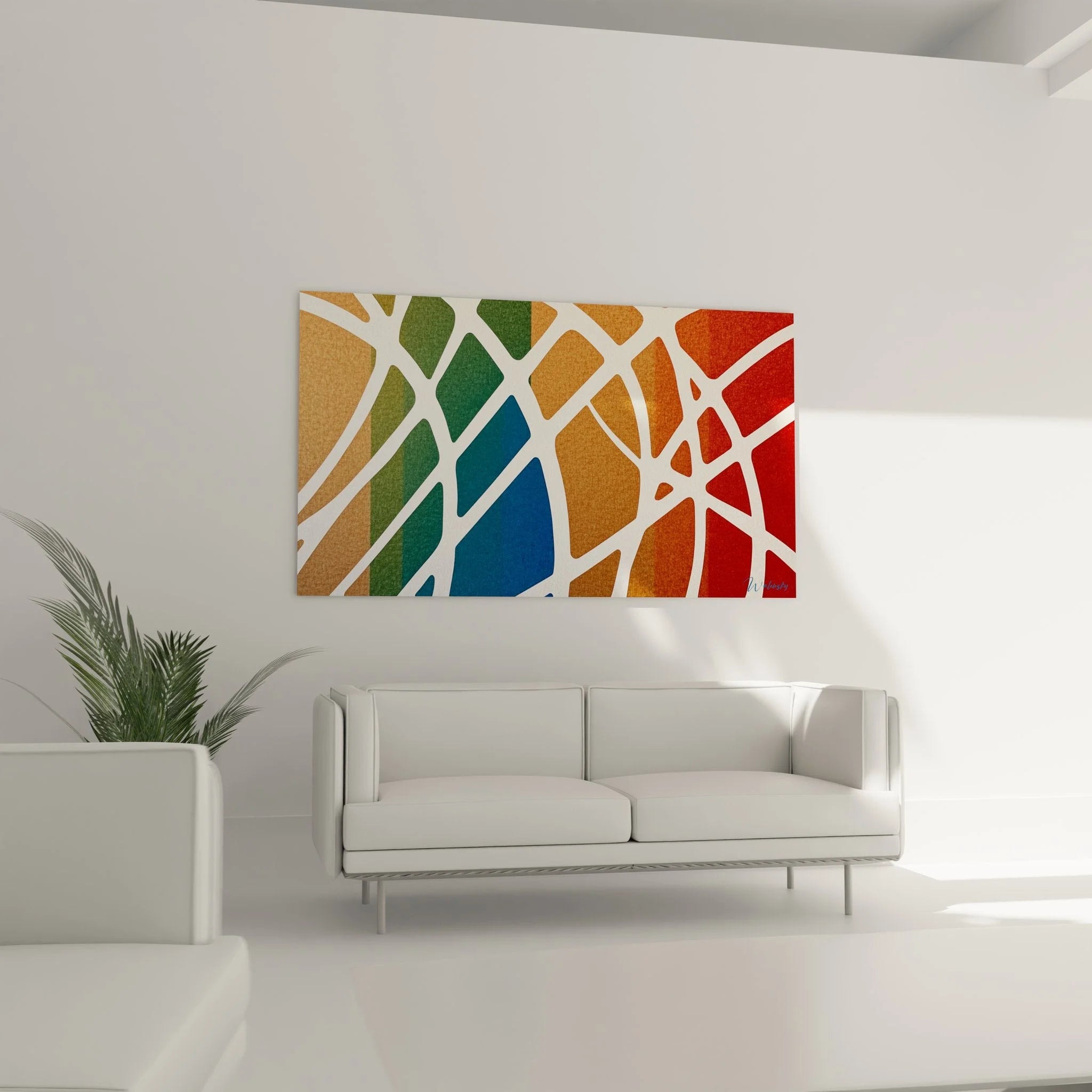 Detailansicht geometrischer Farbsegmente mit weißen organischen Linien auf Leinwand