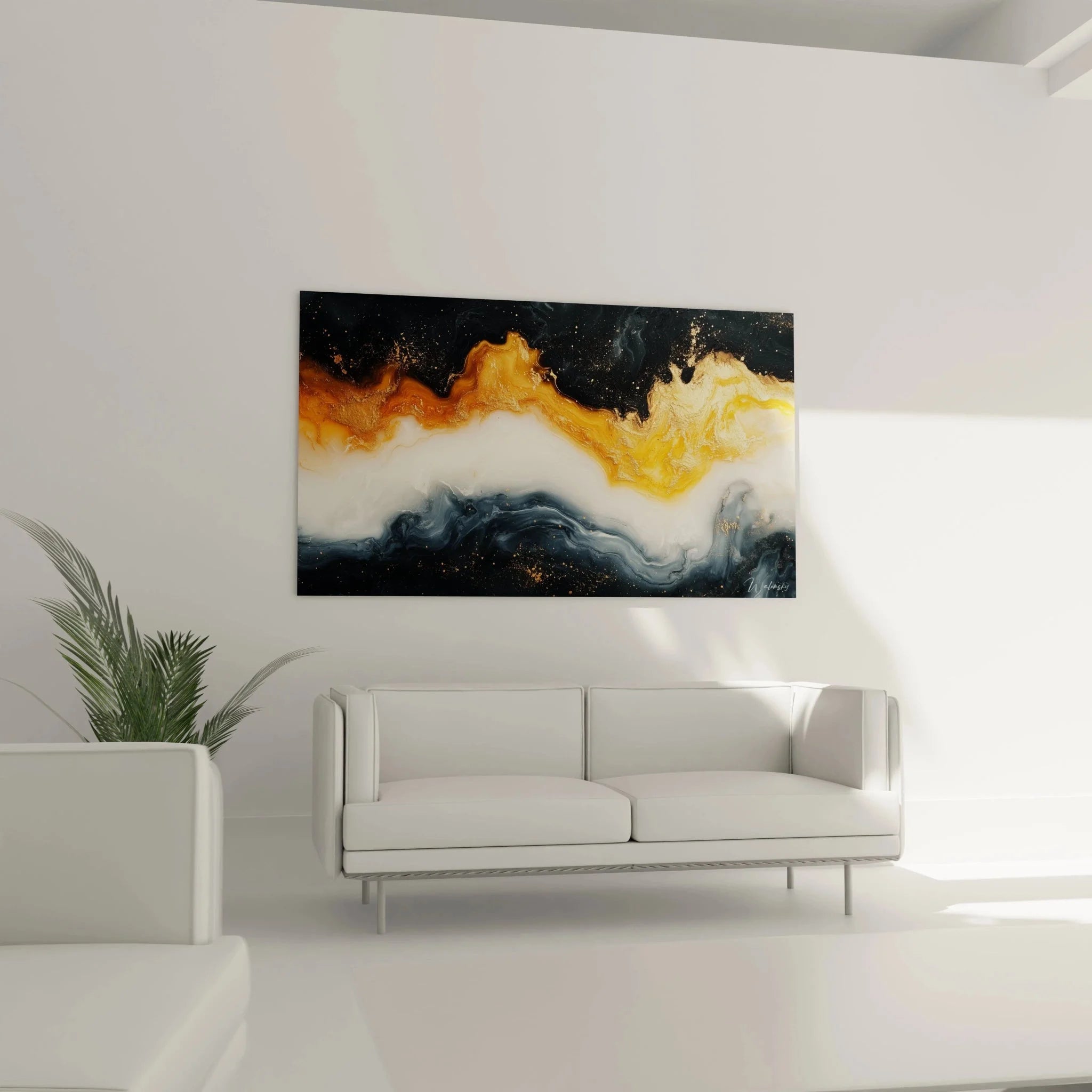 Detailansicht goldene Fließstrukturen Wandbild, Premium Malerei-Optik mit Glanzeffekten