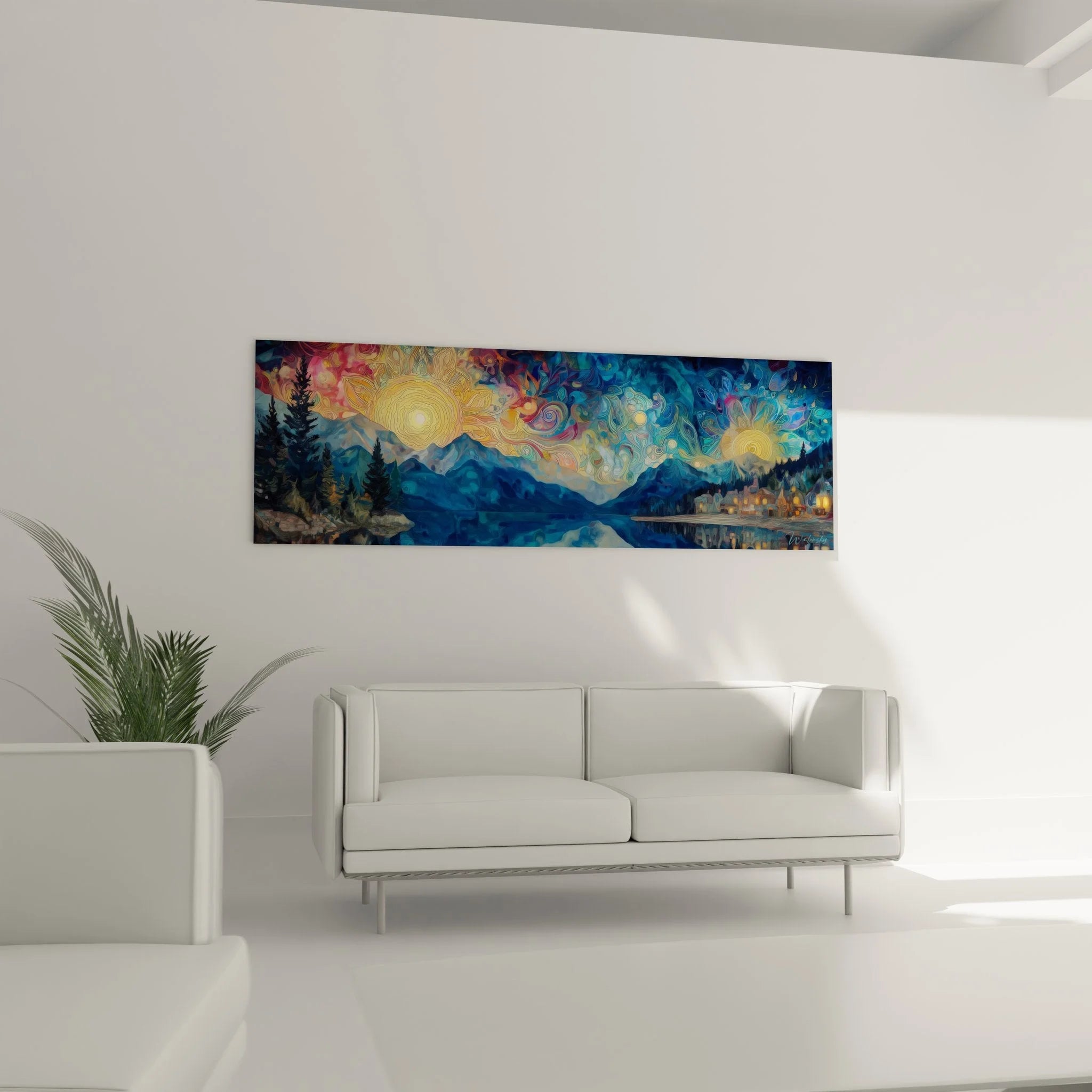 Detailansicht der goldenen Himmelswirbel und Spiralen im mystischen Bergsee Wandbild