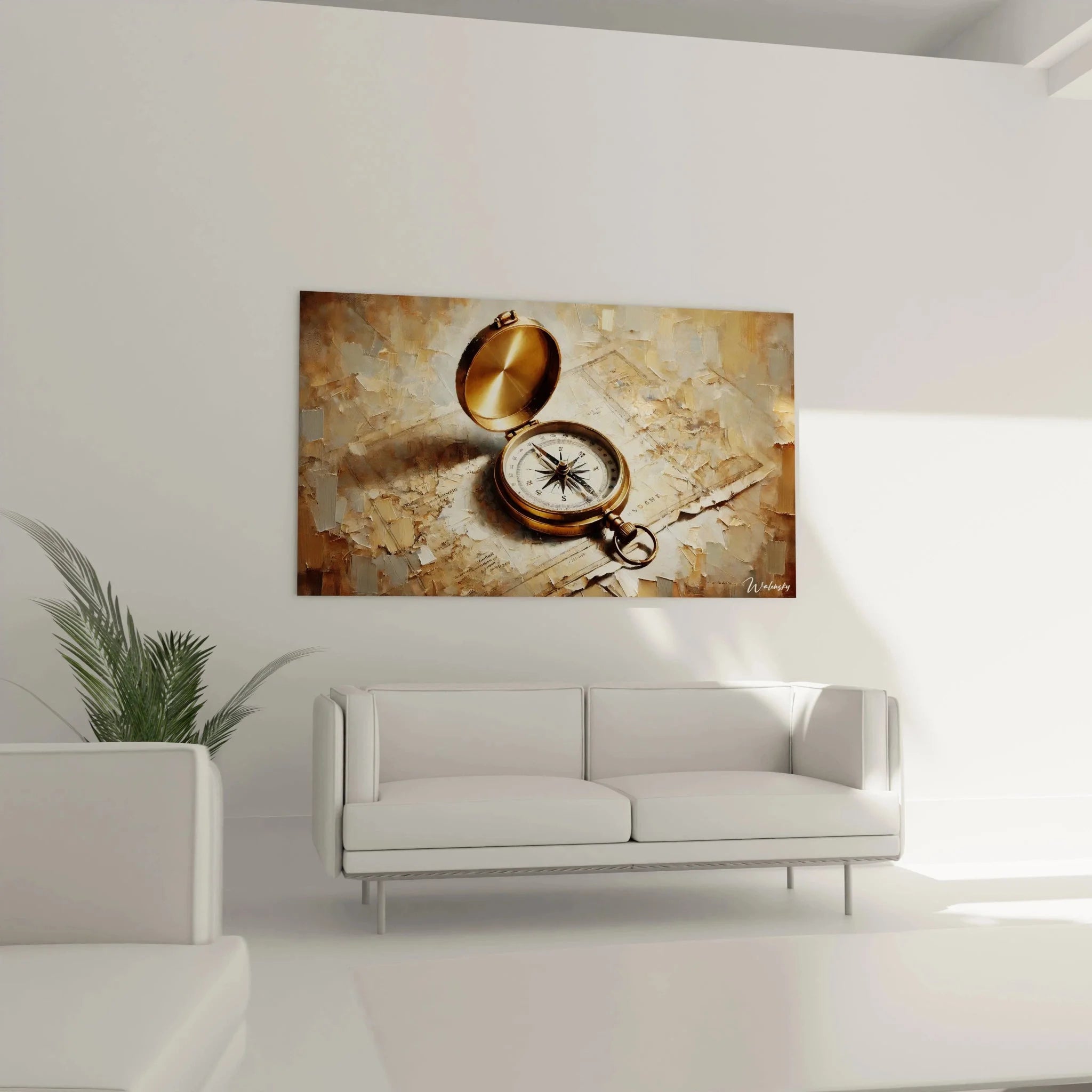 Detailaufnahme goldener Kompass mit Kompassrose auf antiker Seekarte - nautische Wandkunst