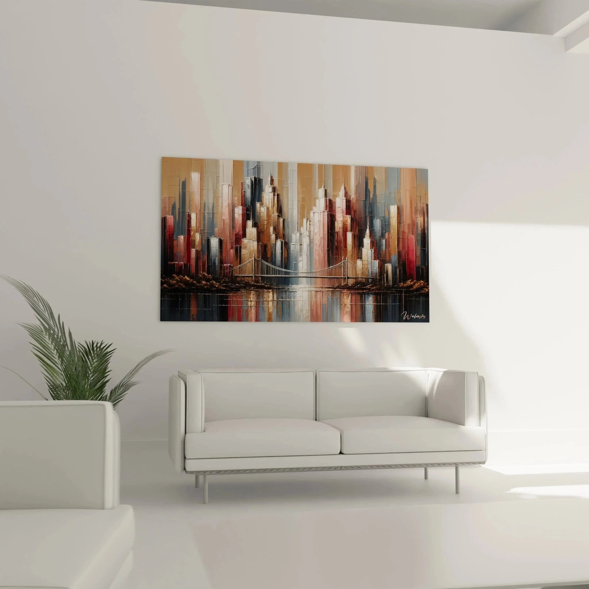 Detailansicht kubistische Stadtarchitektur mit fragmentierten Gebäuden in warmen Farbtönen