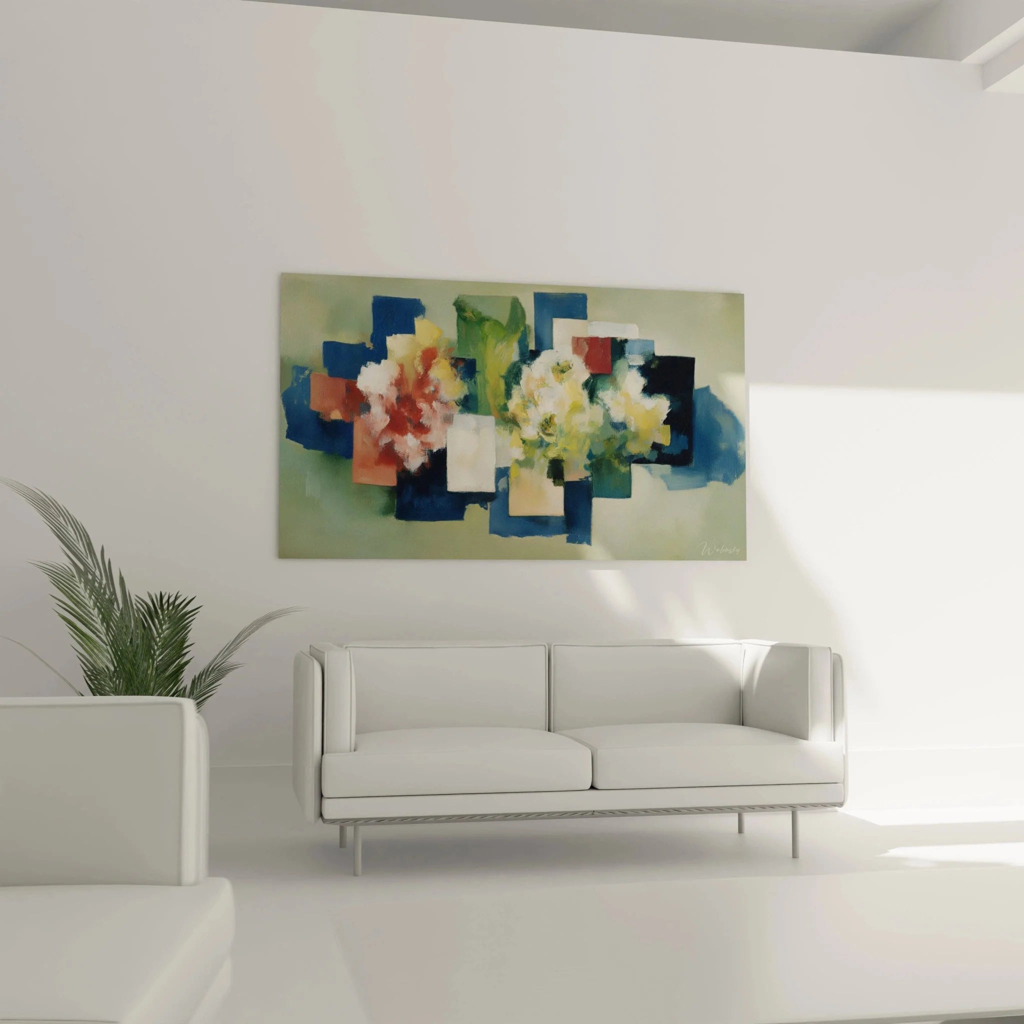 Detailansicht kubistische Blüten Wandbild - Abstrakte Farbkomposition im dadaistischen Stil