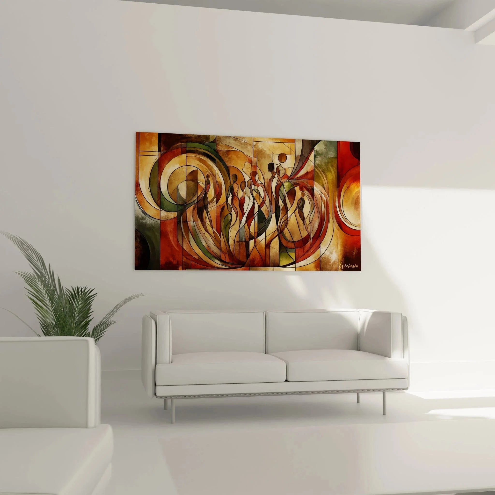 Detailansicht kubistische Wandkunst mit geometrischen Formen und warmer Farbpalette