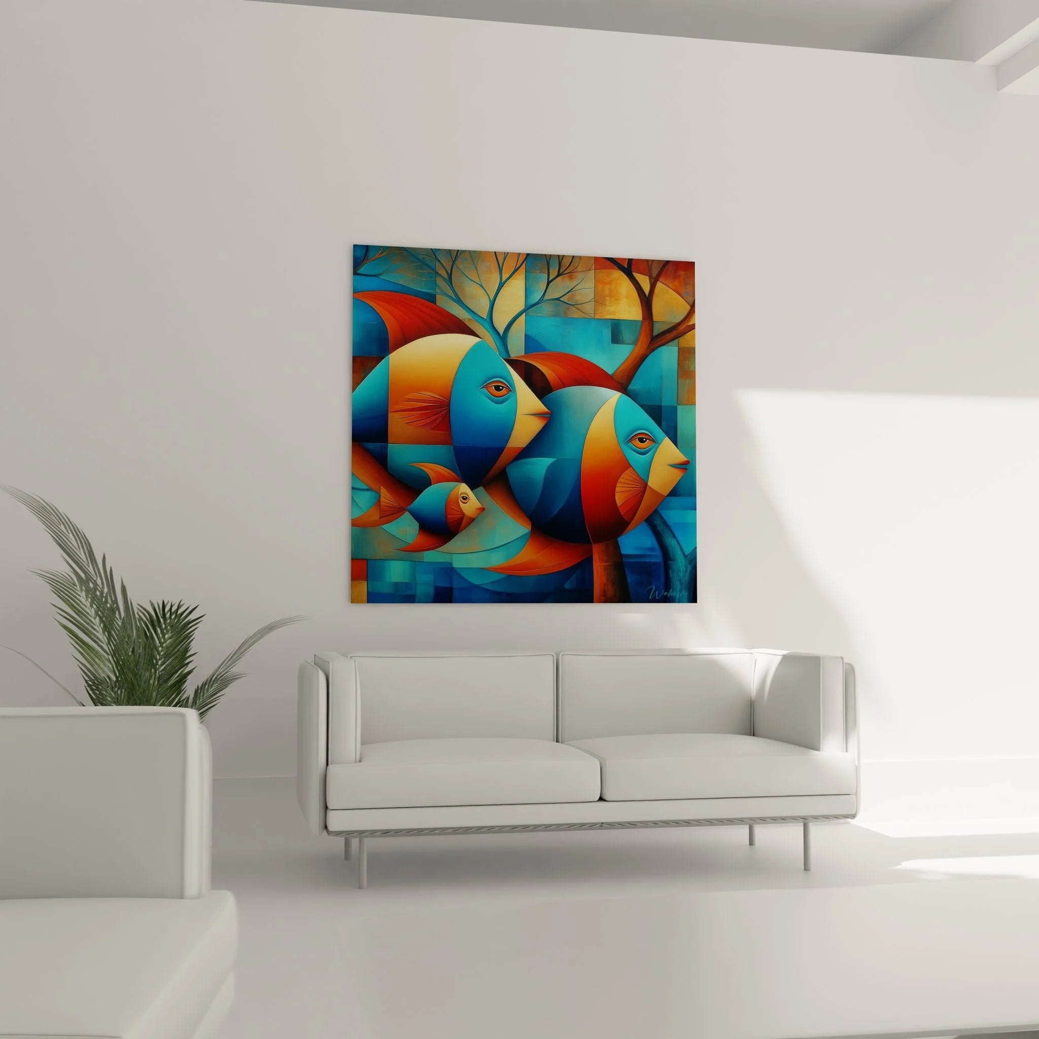 Detailaufnahme kubistisches Fische Wandbild, abstrakte geometrische Formen in türkis-orange Farbharmonie