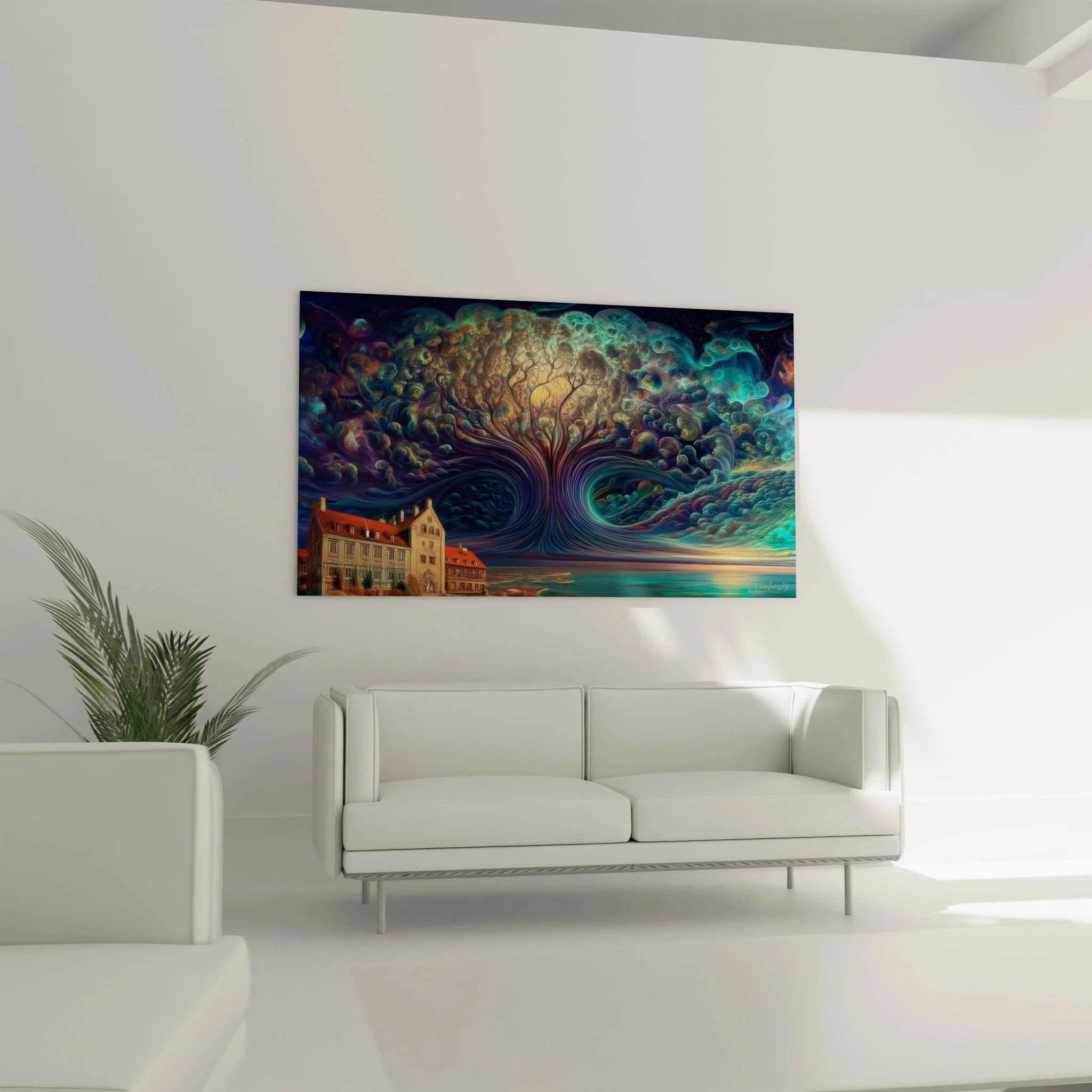 Detailansicht magischer Baum Wandbild mit schwebenden Blasen und Spiralstruktur