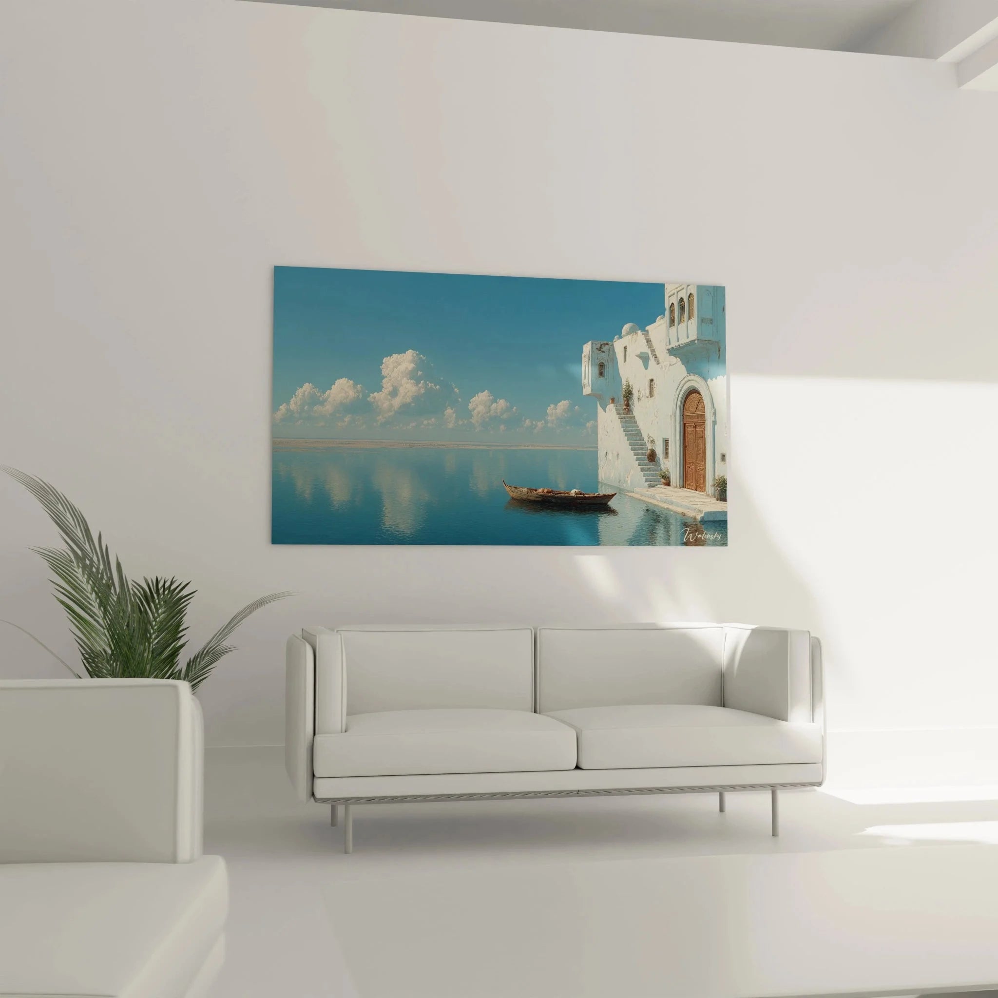 Detailansicht Wandbild mediterrane Villa - klassische weiße Architektur mit Treppen und Bögen