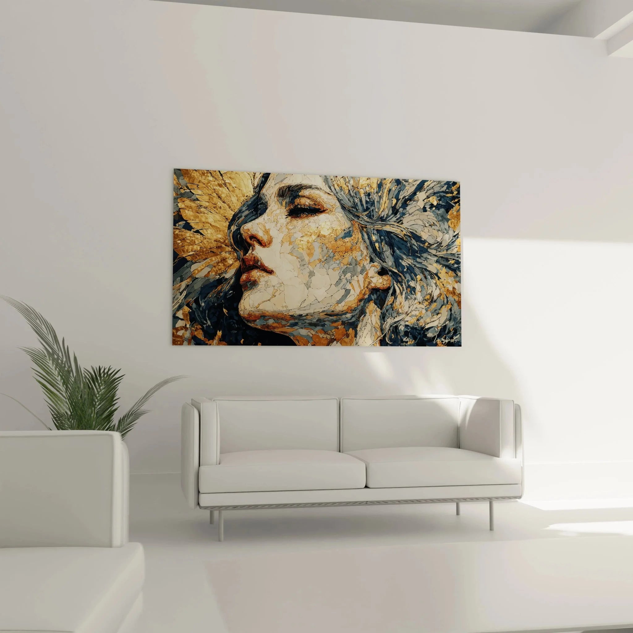 Detailansicht mystisches Frauenporträt Wandbild, expressive Pinselführung in Gold und Blau