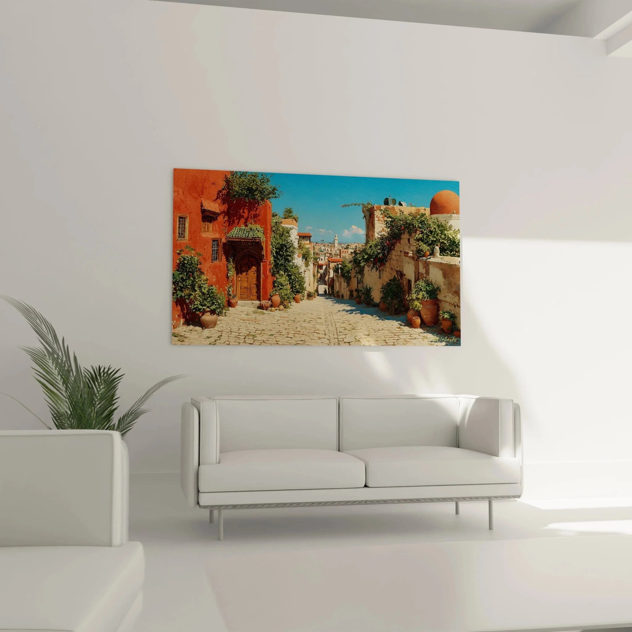 Detail Wandbild orientalistische Gasse mit Keramikgefäßen und traditioneller Architektur