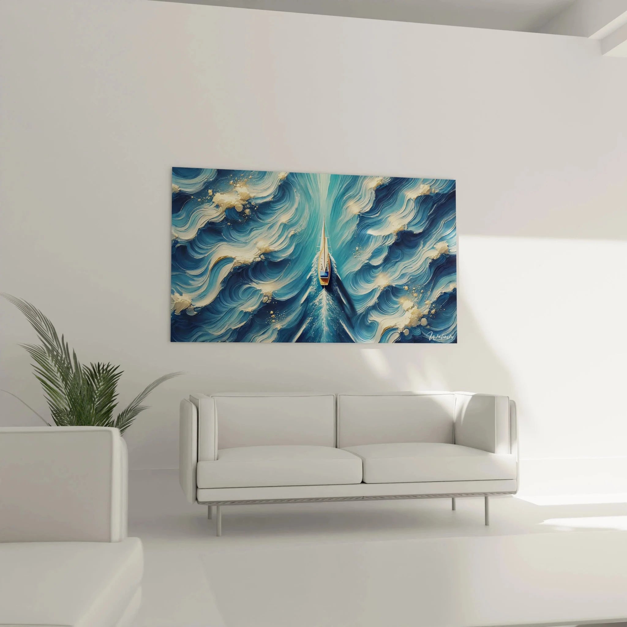 Detailansicht Wandbild Ozeanwellen mit Segelboot - maritime Kunst mit expressiven Pinselstrichen