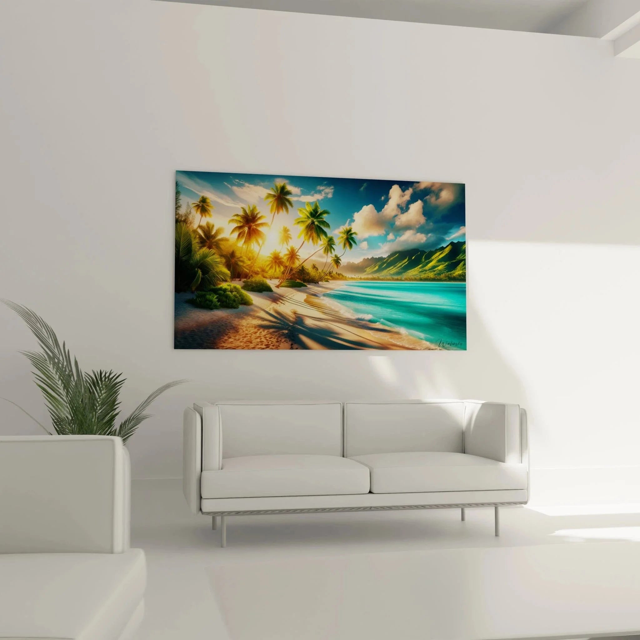 Detailansicht palmen wandbild tropischer strand goldene sonnenstrahlen türkisblaues wasser nahaufnahme