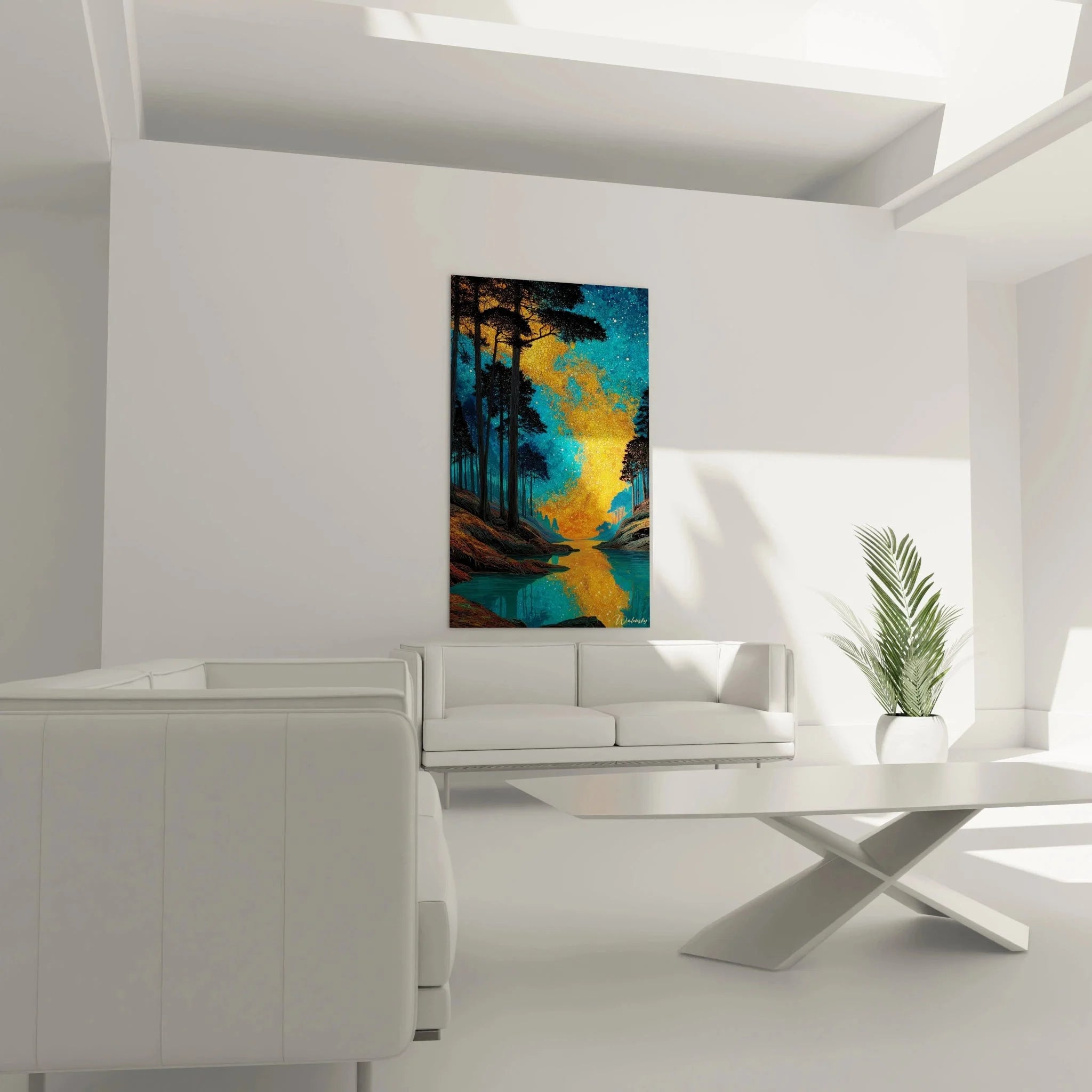 Detailansicht Pointillismus Technik Wandbild mit goldenen Farbpunkten der Galaxie am Sternenhimmel