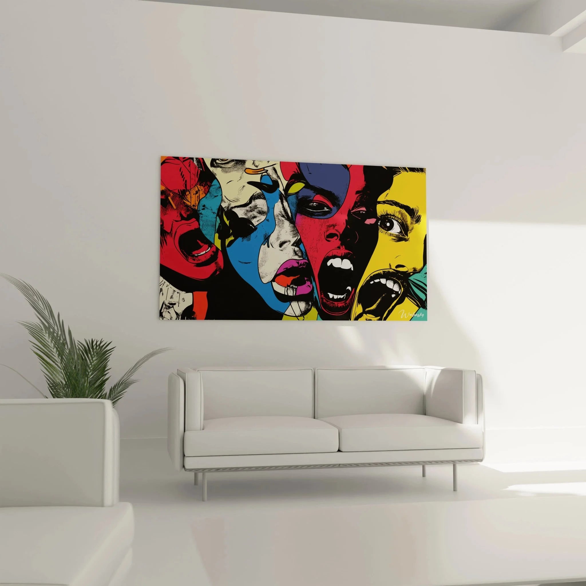 Detailansicht Pop Art Porträts Wandbild mit expressiven Gesichtern in intensiven Farbtönen