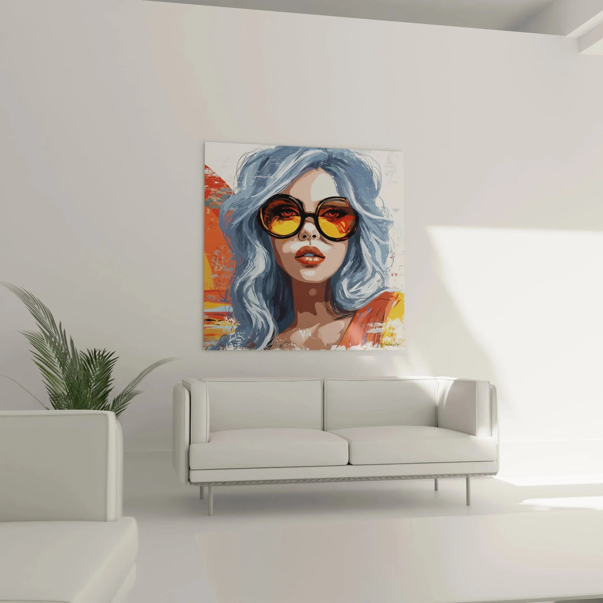 Detailansicht Pop Art Portrait Frau mit Sonnenbrille, moderne Malerei Technik orange gelb Farben