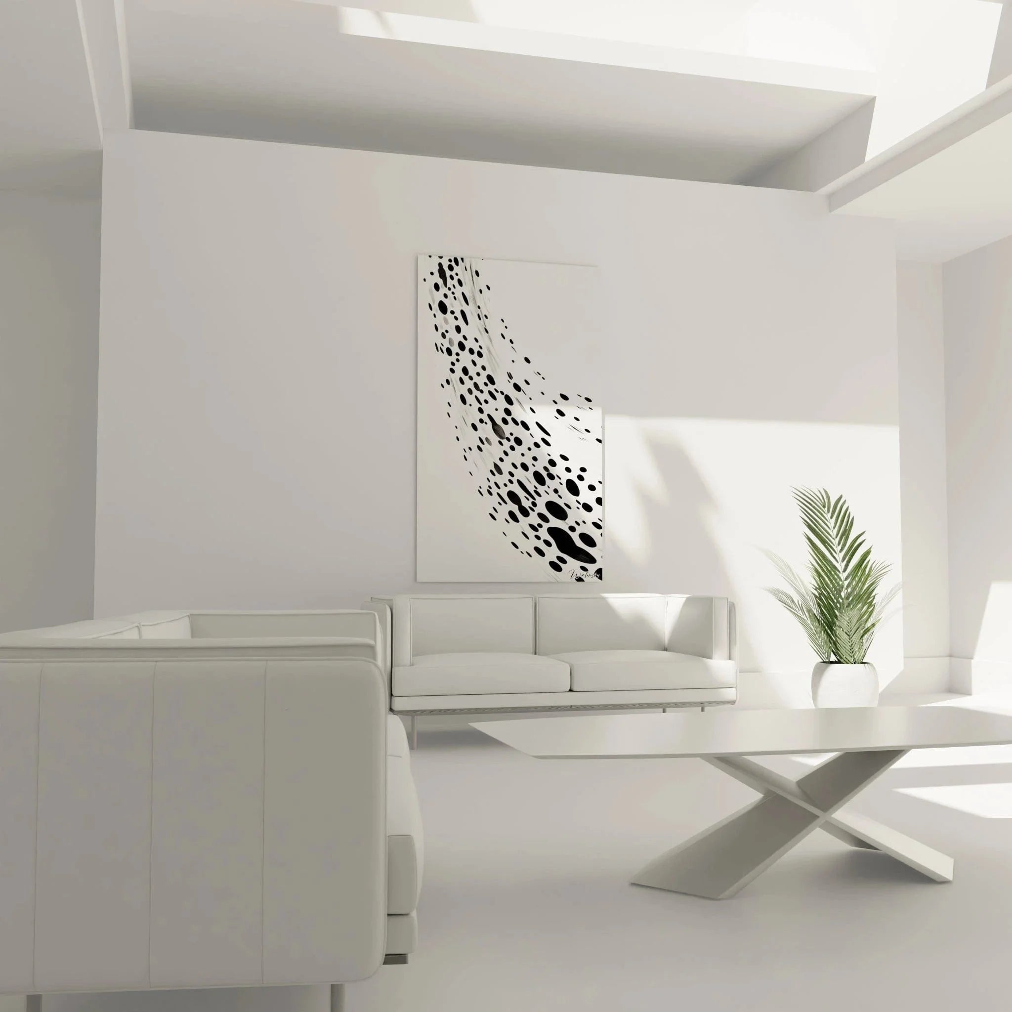 Detailansicht der schwarzen Punkte und grauen Linien des abstrakten Wandbildes in Schwarz-Weiß