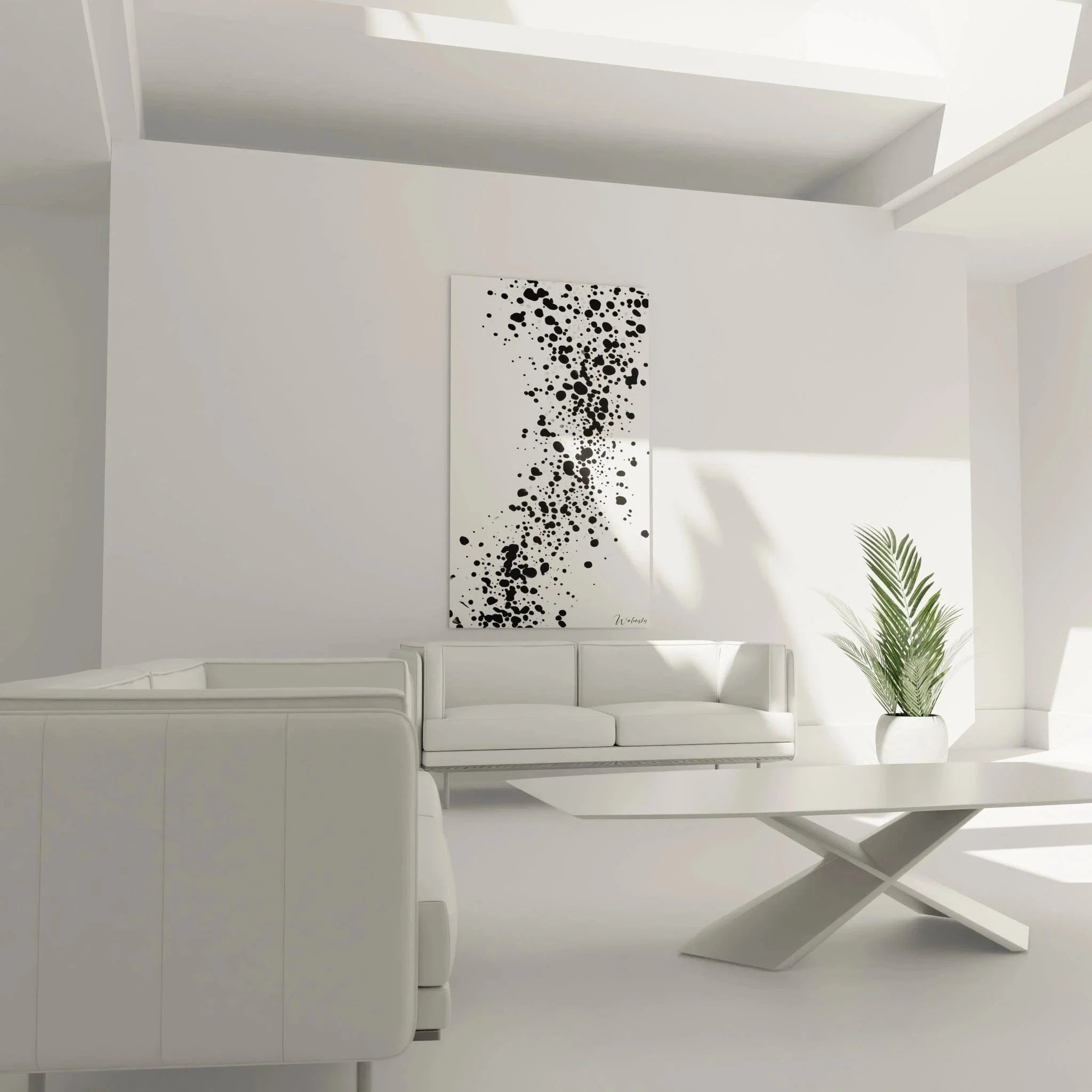 Detailansicht der schwarzen Punkte verschiedener Größen im minimalistischen Wandbild Design