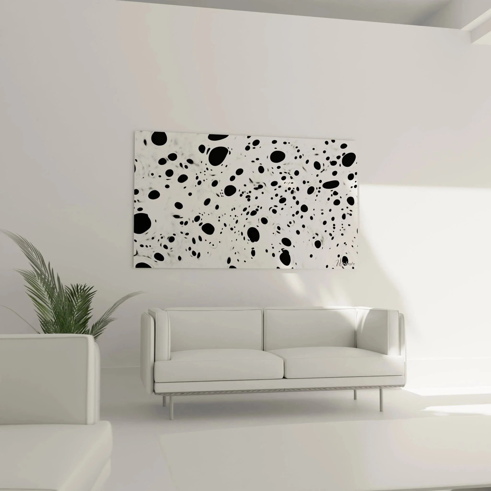 Detailansicht der schwarzen Punkte und Kreise auf weißem Hintergrund des Dalmatiner Wandbildes