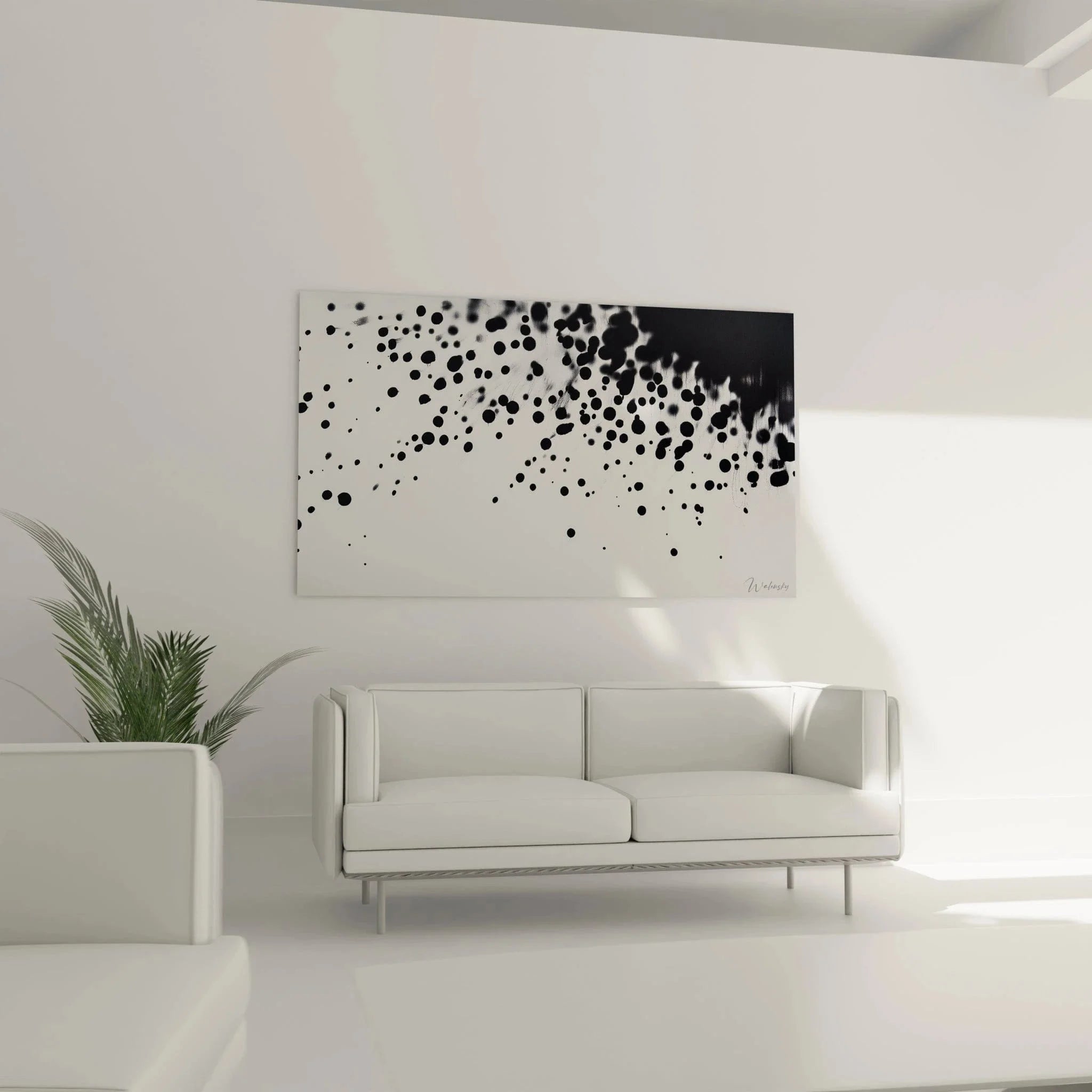 Detailansicht schwarzer Tropfen und Punkte auf weißer Leinwand - Moderne Wandkunst Schwarz-Weiß