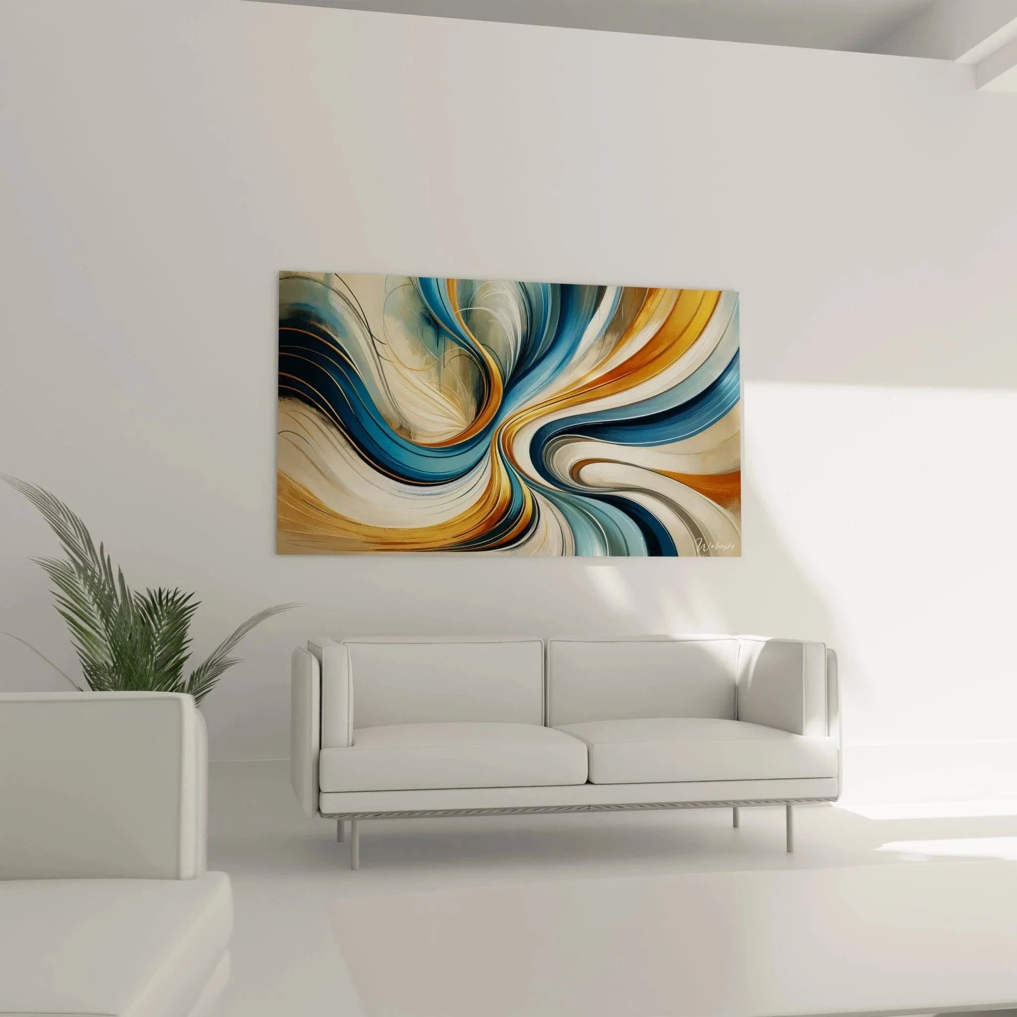 Detailaufnahme der spiralförmigen Pinselstriche in Blau und Orange Tönen