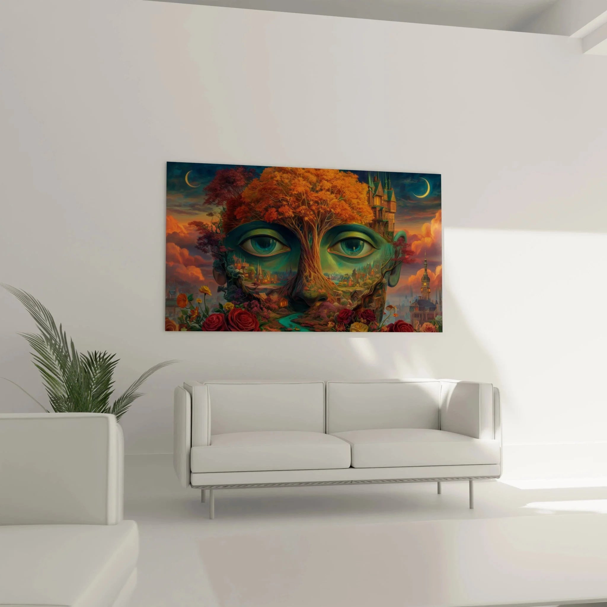 Detailansicht surreales Portrait Wandbild, leuchtende grüne Augen, mystischer Baum, rote Rosen, Surrealismus Kunst